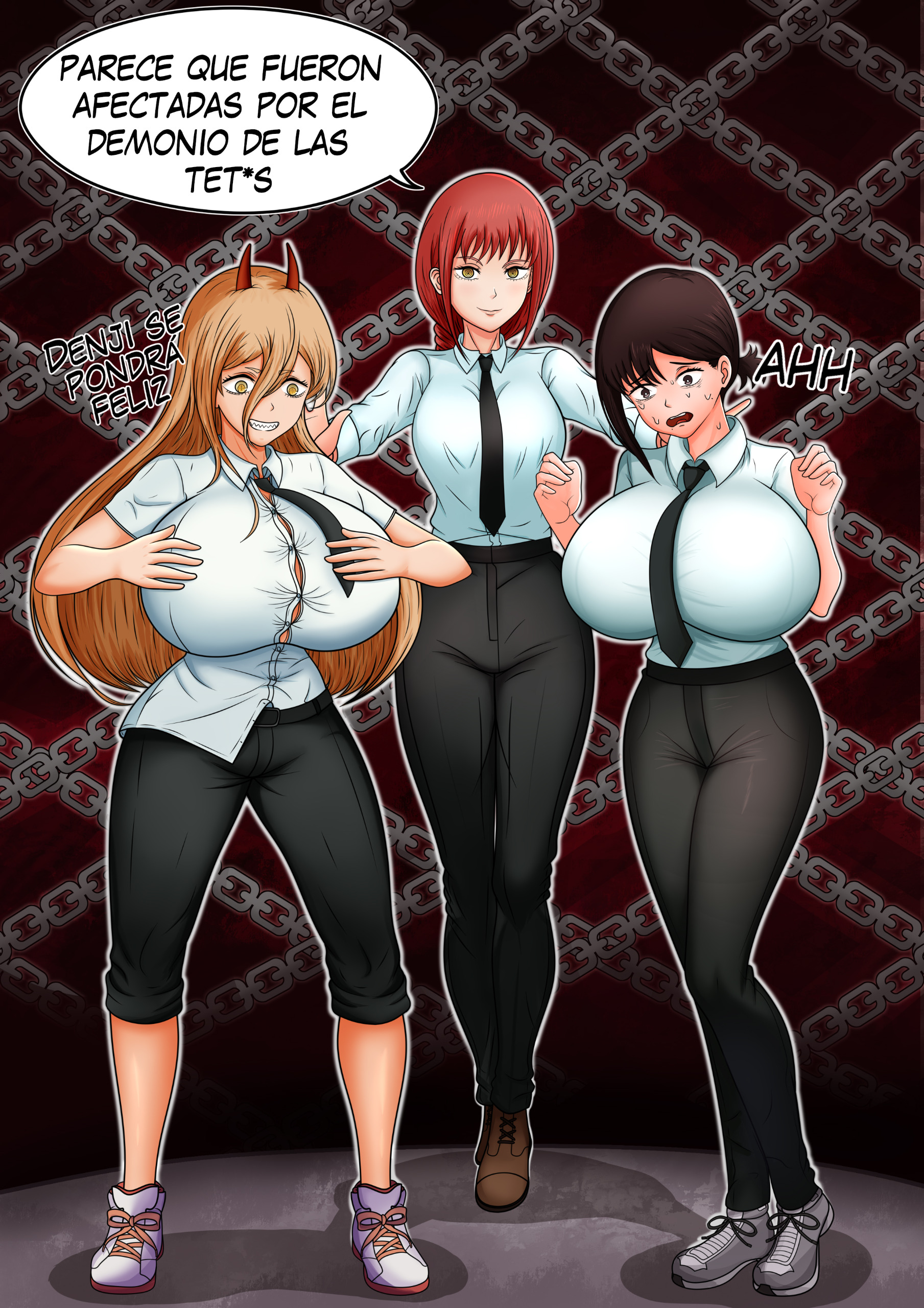 3girls, alternate breast size, breast expansion, breast growth, breast growth (enlargement), breast squeeze, breasts, breasts bigger than head, chainsaw man, female, female only, higashiyama kobeni, inflation fetish, kobeni higashiyama, makima (chainsaw man), multiple females, multiple girls, pierrocoxz, power (chainsaw man), spanish text, text, torn clothes, translated