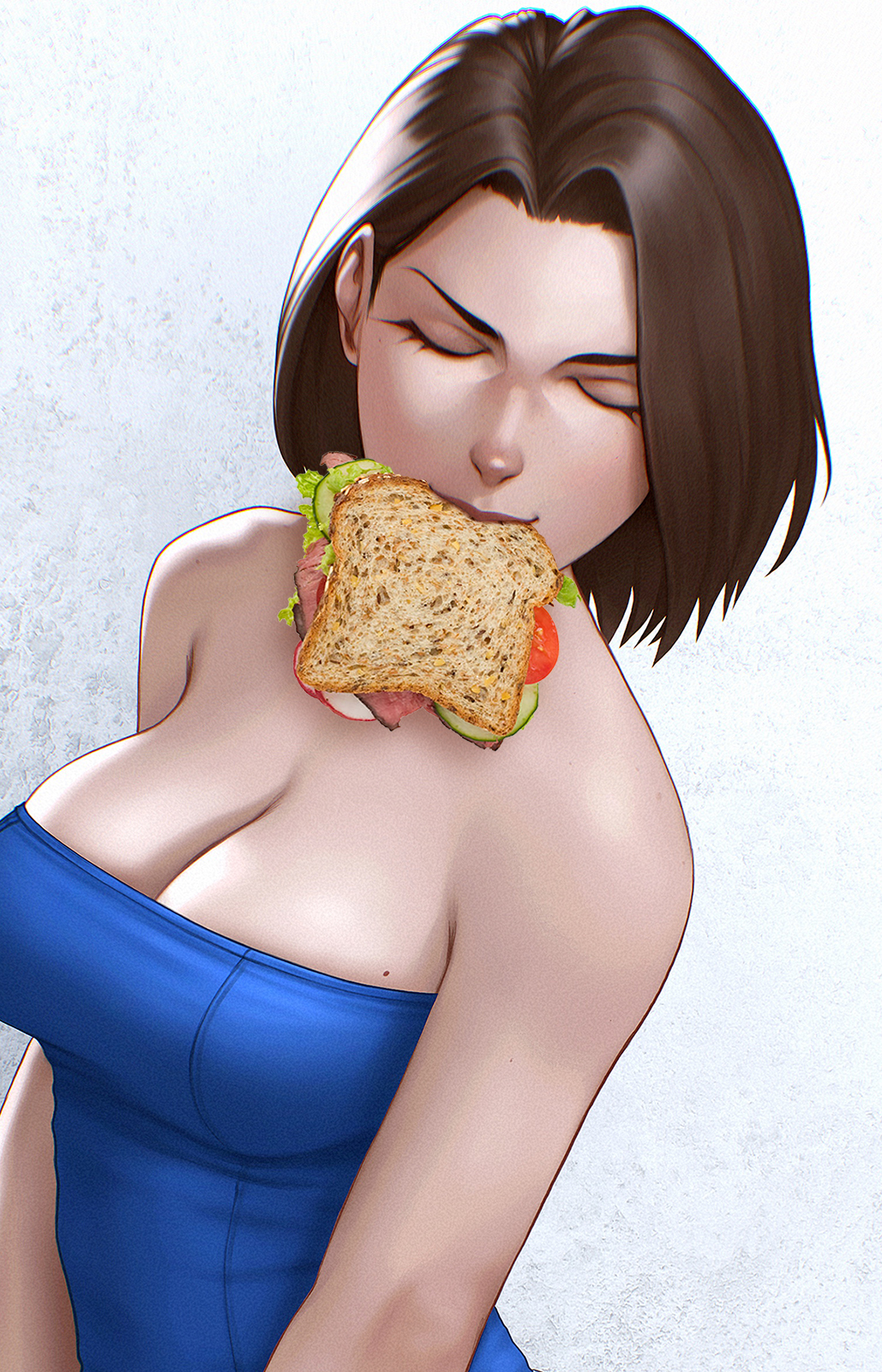 1girls big_breasts cleavage closed_eyes female female_only jill_sandwich jill_valentine resident_evil resident_evil_3 suddakka thick_thighs tubetop