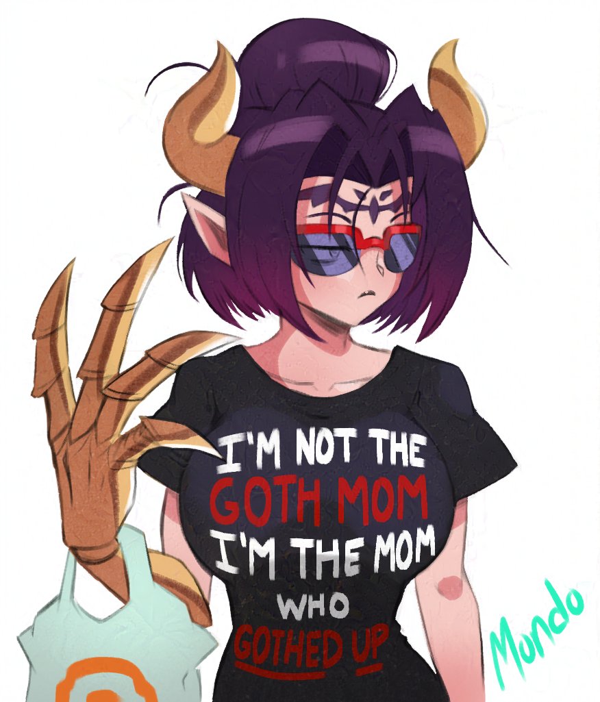 1girls 2024 big_breasts black_hair demon_girl demon_horns digimon digimon_(species) english_text female female_only forehead_mark horns lilithmon looking_away pointy_ears seven_great_demon_lords shopping_bag solo succubus sunglasses supermondobeat t-shirt text text_on_clothing tied_hair