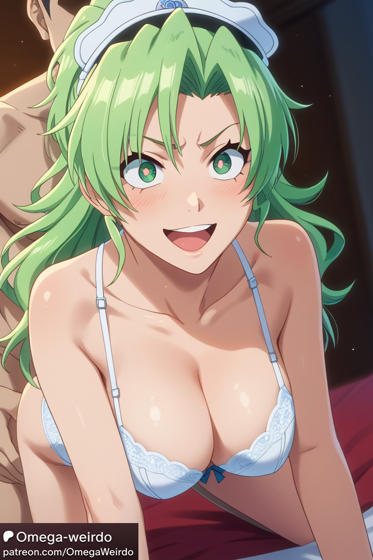 1boy 1girls ai_generated bed bleach candice_catnipp doggy_style female green_eyes green_hair hat lingerie male omega-weirdo open_mouth patreon red_pupils smile