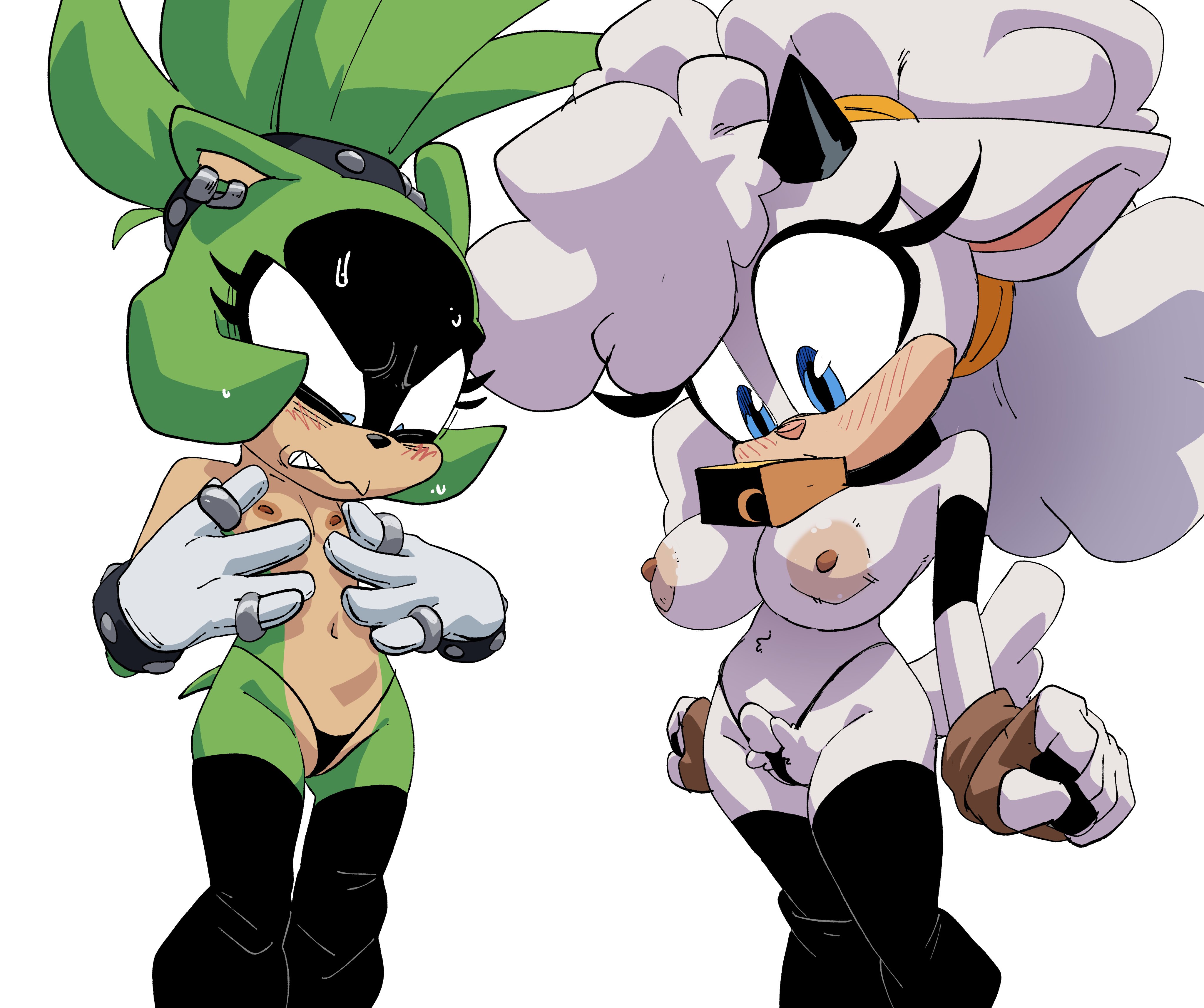 2d, 2girls, bell, big breasts, breast envy, breasts, comparing breasts, coolerinker, cowbell, female, female focus, female only, flat chest, flat chested, furry, furry only, huge breasts, idw comics, idw publishing, inker comics, inkershike, lanolin the sheep, large breasts, mobian, mobian (species), mobian sheep, mobian tenrec, nipple piercing, nipples, on model, panties only, piercing, sega, sheep girl, sonic (series), sonic the hedgehog (comics), sonic the hedgehog (idw), sonic the hedgehog (series), surge the tenrec