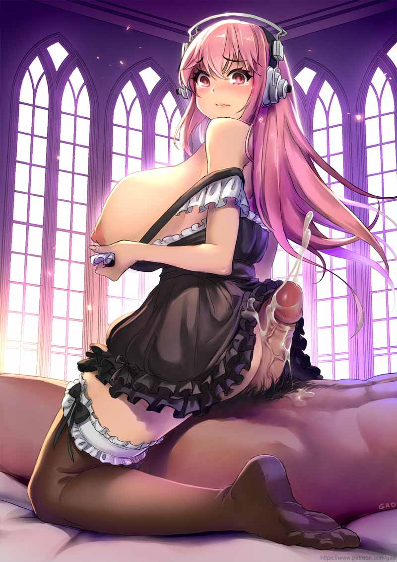 1boy, 1girls, areolae, ass, assjob, big breasts, breasts, buttjob, cum, cumshot, dress, erection, female, gao-lukchup, large breasts, maid, maid uniform, male, nipples, nitroplus, penis, reverse cowgirl position, straight, super sonico, thighhighs