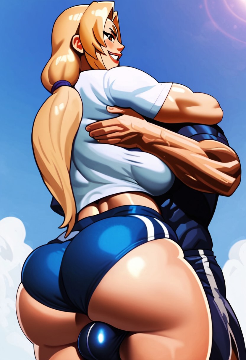 ai_generated ailurid all_might bbw crossovfor fit_femfit grabbing hugging male/female muscular_male my_hero_academia naruto_(series) pose tsunade