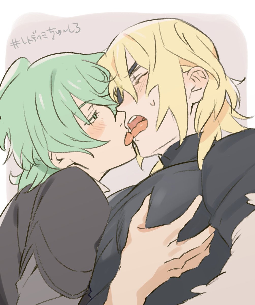 2boys black_shirt blonde_hair blush border breast_grab byleth_(fire_emblem) byleth_(male)_(fire_emblem) closed_eyes couple dimitri_alexandre_blaiddyd enlightened_byleth_(female) eyepatch fire_emblem fire_emblem:_three_houses french_kiss green_eyes green_hair groping hair_between_eyes half-closed_eyes highres kissing layered_clothes leaning_forward looking_at_another male male_focus male_only multiple_boys nintendo one_eye_covered open_mouth pectoral_grab profile shirt simple_background sweat sweatdrop teeth tongue turtleneck upper_teeth_only wa_fe white_border yaoi