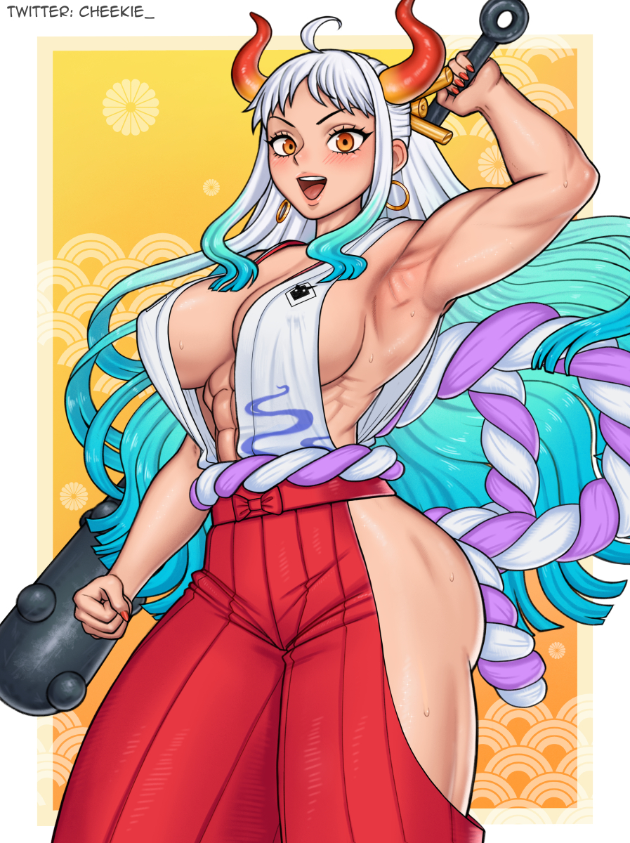 1girls abs amber_eyes ass big_breasts blue_hair cheekie0 clothing female female_only hakama horns japanese_clothes kanabou muscular muscular_female one_piece oni oni_female tight_clothing white_hair yamato_(one_piece) youkai