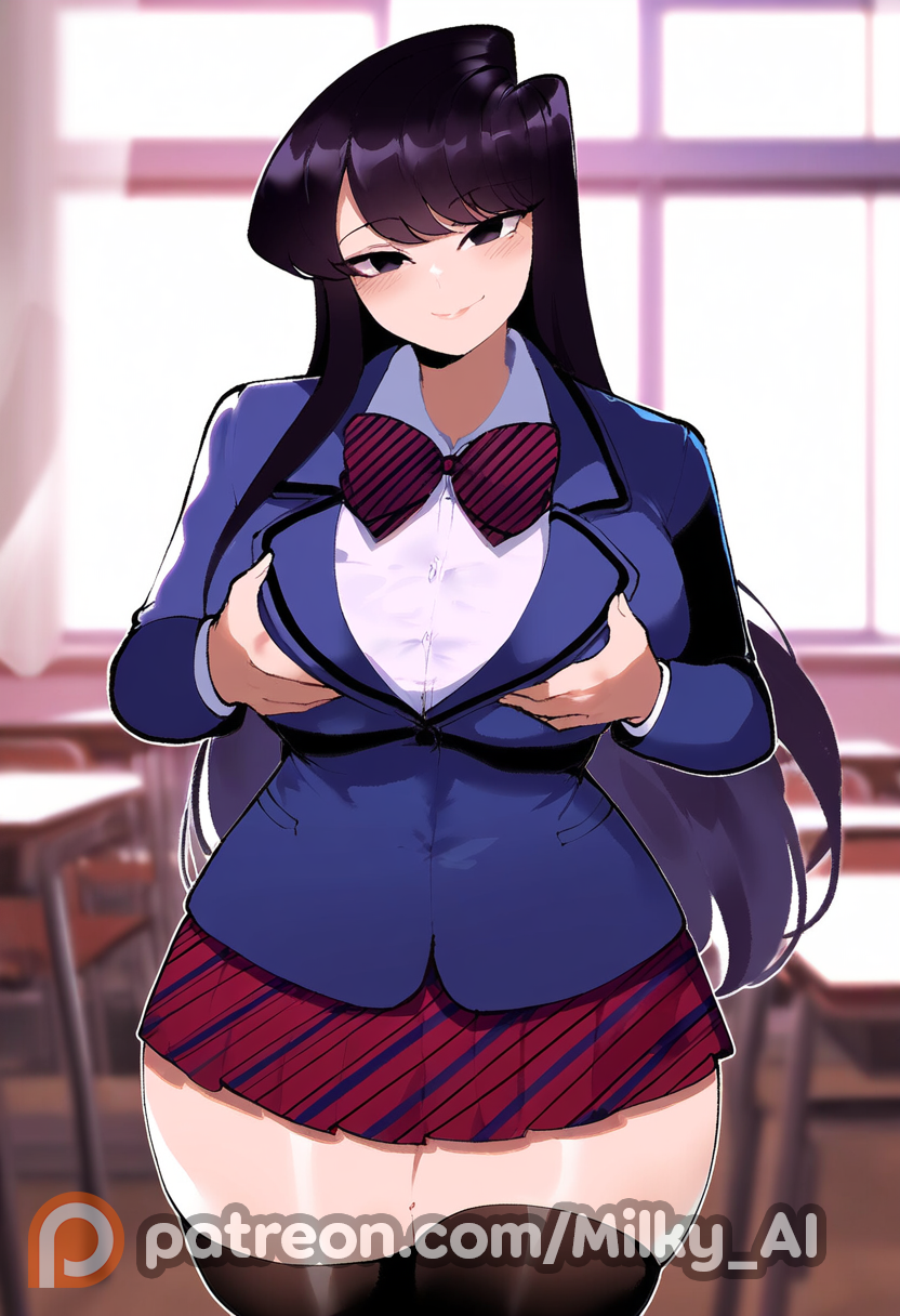 ai_generated big_breasts breast_lift classroom grabbing_own_breast hi_res komi-san_wa_komyushou_desu komi_shouko long_hair milky_ai portrait ribbon school_uniform skirt straight thiccwithaq_(ai_style) thick_thighs thighhighs