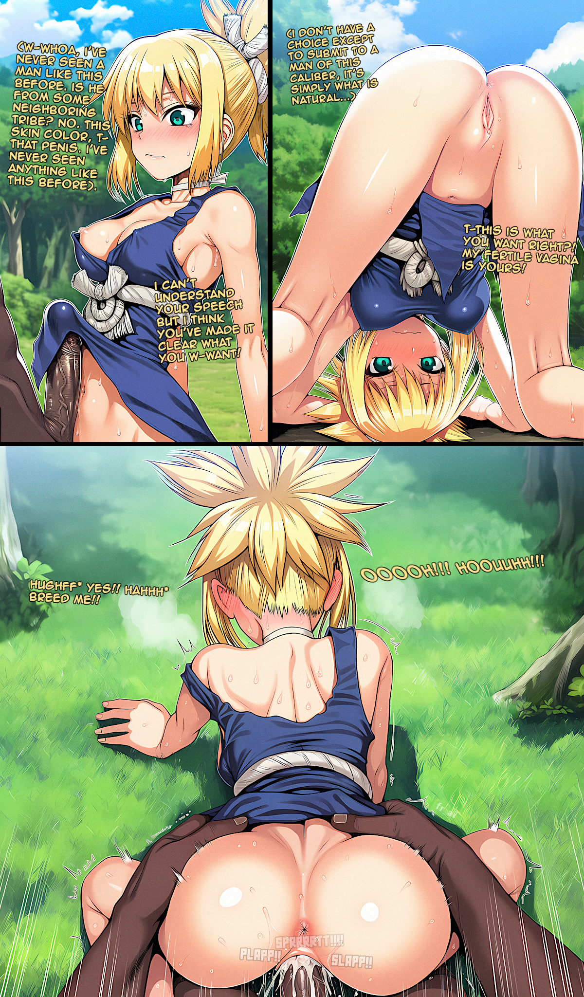 ai generated, anus, blonde hair, comic, cum in pussy, cum inside, dark-skinned male, doggy style, dr.stone, dress lift, english text, female, forest, grass, interracial, kohaku (dr.stone), large penis, light-skinned female, male, novelai, outdoors, penis, pussy, round ass, sex, straight, vaginal penetration