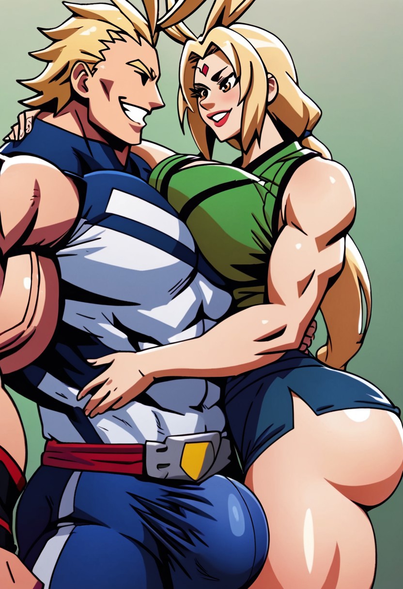 ai_generated ailurid all_might bbw big_ass bulge crossovfor fit_femfit grabbing hugging male/female miniskirt muscular_male my_hero_academia naruto pose tsunade