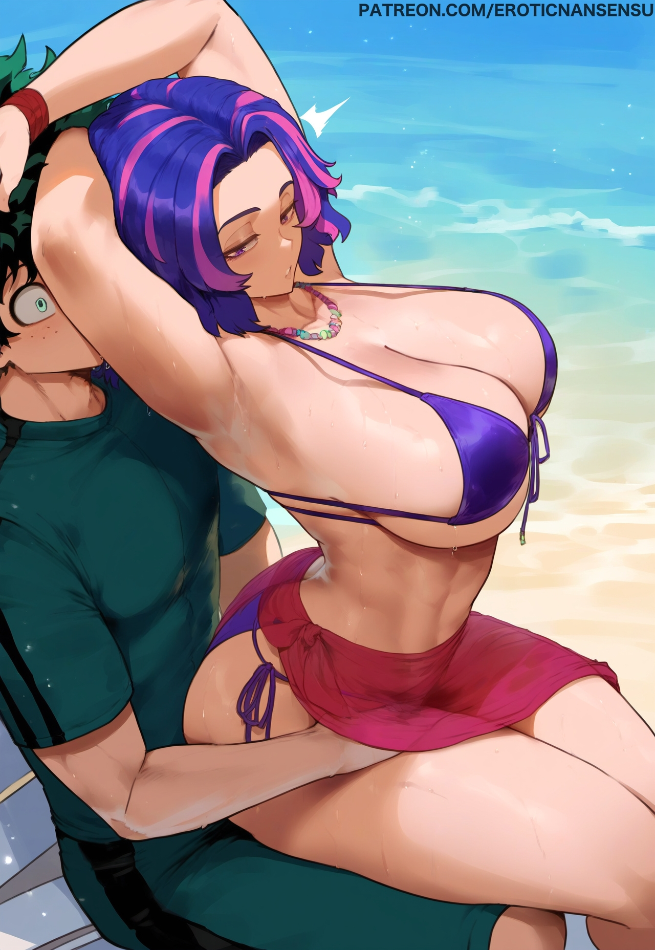 1boy, 1girls, ai generated, armpits, arms up, beach, big breasts, big thighs, bikini, breasts, caress, curvy, erotic nansensu, female, hand on another's thigh, hand under clothes, izuku midoriya, lady nagant, male, multicolored hair, my hero academia, older female, presenting armpit, sarong, sitting on lap, sitting on person, thick thighs, wip
