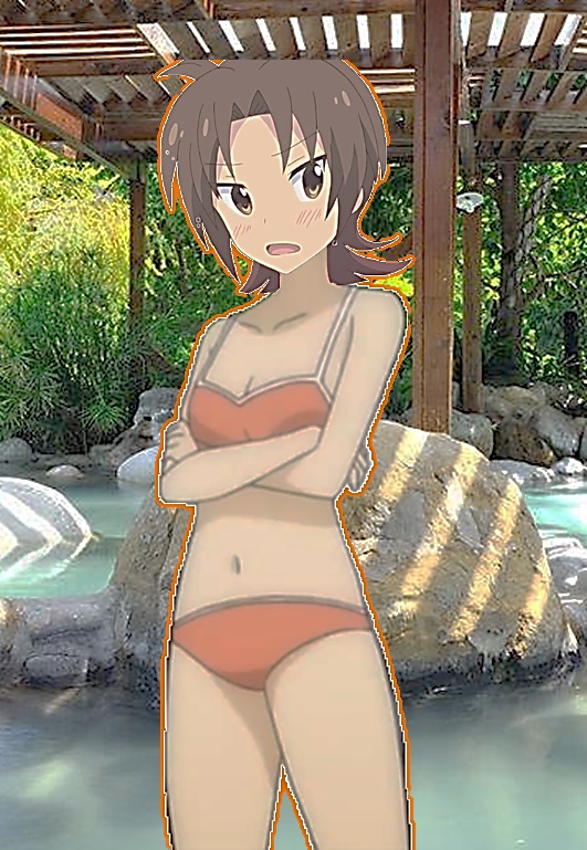 antenna_hair bare_shoulders bikini breast_hold breast_squeeze brown_eyes brown_hair cleavage collarbone eyebrows_visible_through_hair legs looking_at_viewer navel onsen open_mouth sakura_trick scan short_hair swimsuit water waving yuzu_iizuka