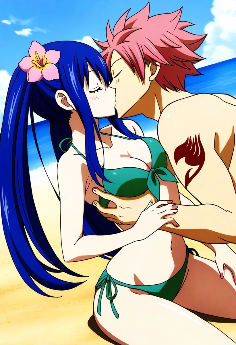 1boy 1girls aged_up alternate_breast_size beach bikini blue_hair breast_grab closed_eyes couple fairy_tail female flower_in_hair grabbing_another's_breast kissing male medium_breasts natsu_dragneel romantic wendy_marvell