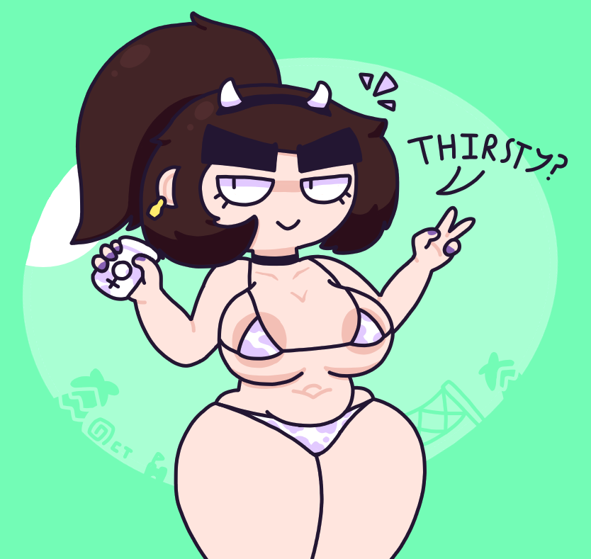 1girls areola areolae beach bikini brown_hair cow_horns cow_print female_only femscrub_(somescrub) goth headband huge_breasts milk_in_container navel octotron2000 painted_nails peace_sign plump ponytail short_hair smiling solo solo_female someone_else's_oc text thick_thighs wide_hips