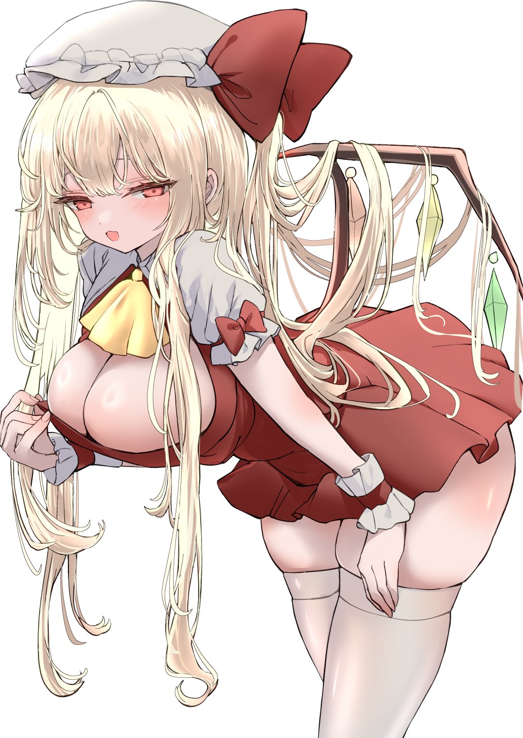 aged up, bent over, blonde hair, blush, boob window, breasts, female, flandre scarlet, large breasts, long hair, mikan (manmarumikan), naughty face, teasing, thick thighs, thighhighs, touhou