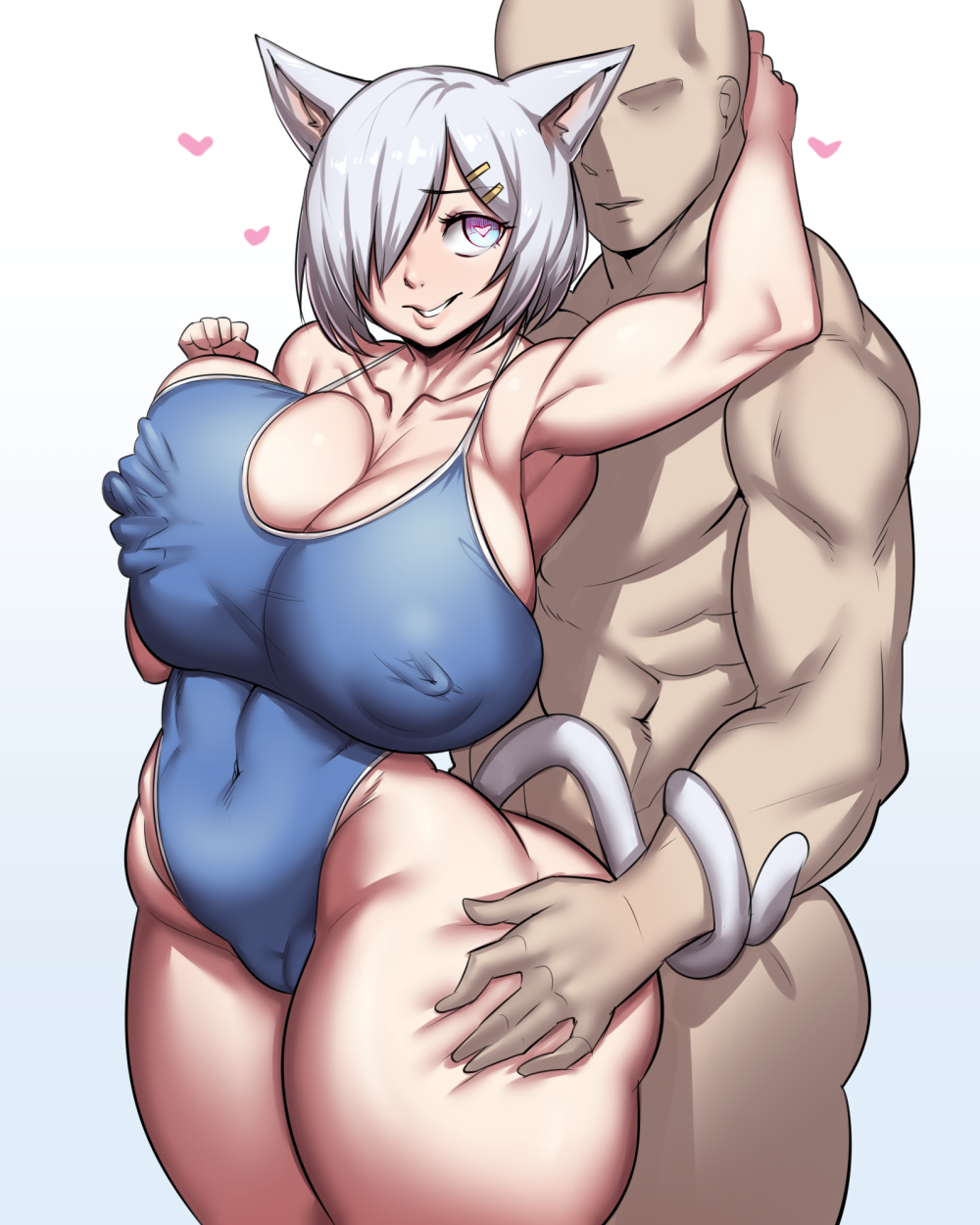 1boy, 1girls, abs, animal ears, ass, belly, big ass, blue eyes, breast grab, breasts, cat ears, cat tail, curvy, female, from behind, grey hair, hair over one eye, hamakaze (kantai collection), hand on ass, heart, heart-shaped pupils, huge breasts, kantai collection, male, muscles, natedecock, one piece swimsuit, one-piece swimsuit, parted lips, short hair, silver hair, smile, straight, swimsuit, symbol-shaped pupils, tail, tail wrap, thick thighs, wide hips