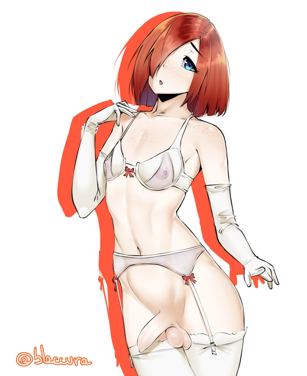 1boy, 2017, androgynous, armwear, balls, blue eyes, bra, burakku-ra, erection, femboy, foreskin, garter belt, garter straps, ginger, girly, gloves, hair over eye, hair over one eye, legwear, long gloves, looking at viewer, male, male only, orange hair, panties, penis, see-through, see-through bra, solo, standing, testicles, trap, uncensored, uncircumcised, uncut, white armwear, white gloves, white legwear