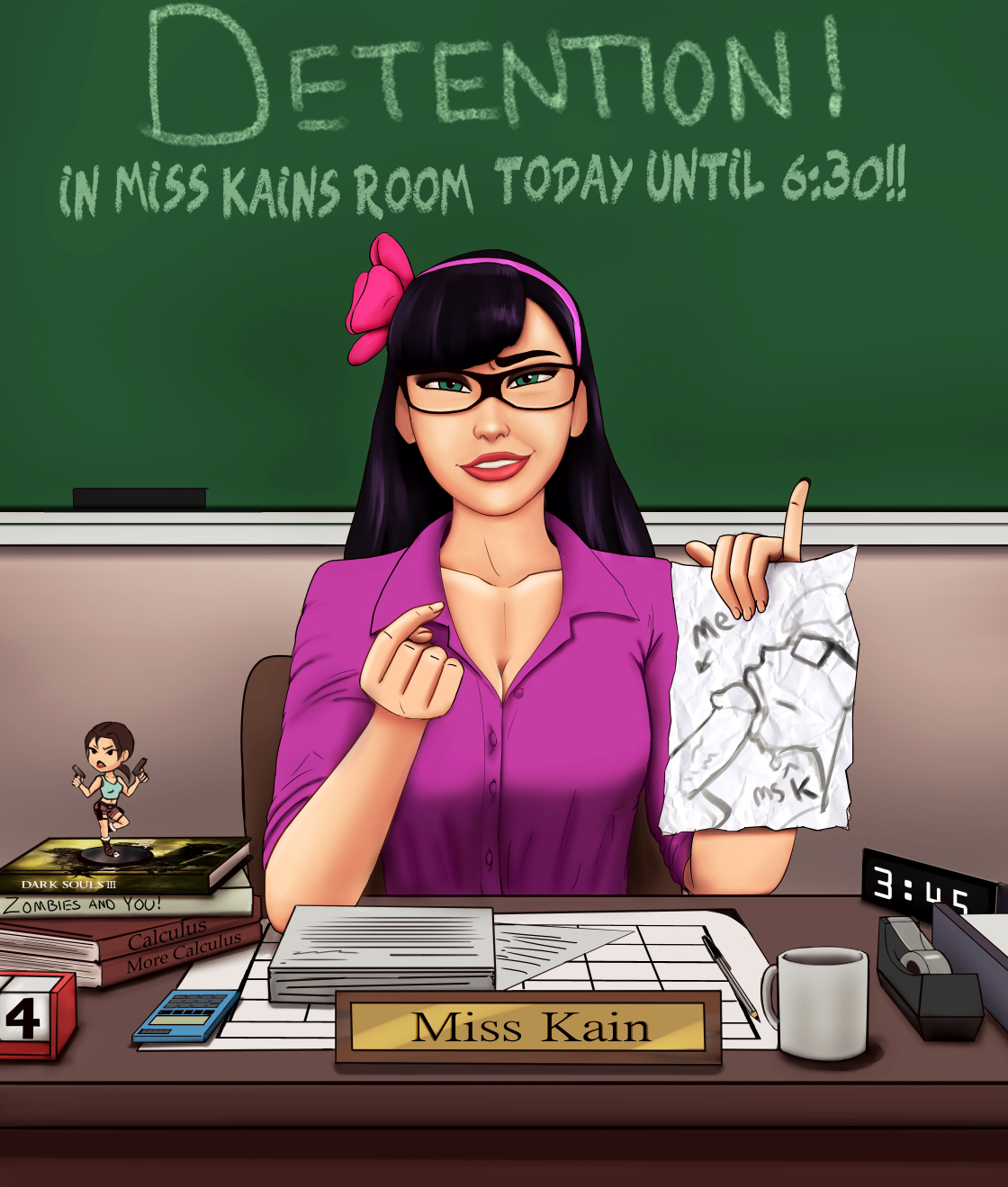 1girls, breasts, classroom, cleavage, dark souls, drawing, female, female focus, female only, hentaipatriarch, jennifer kain, lara croft, lara croft (classic), male, penis, suggestive look, tagme, teacher, tomb raider, tomb raider (classic)