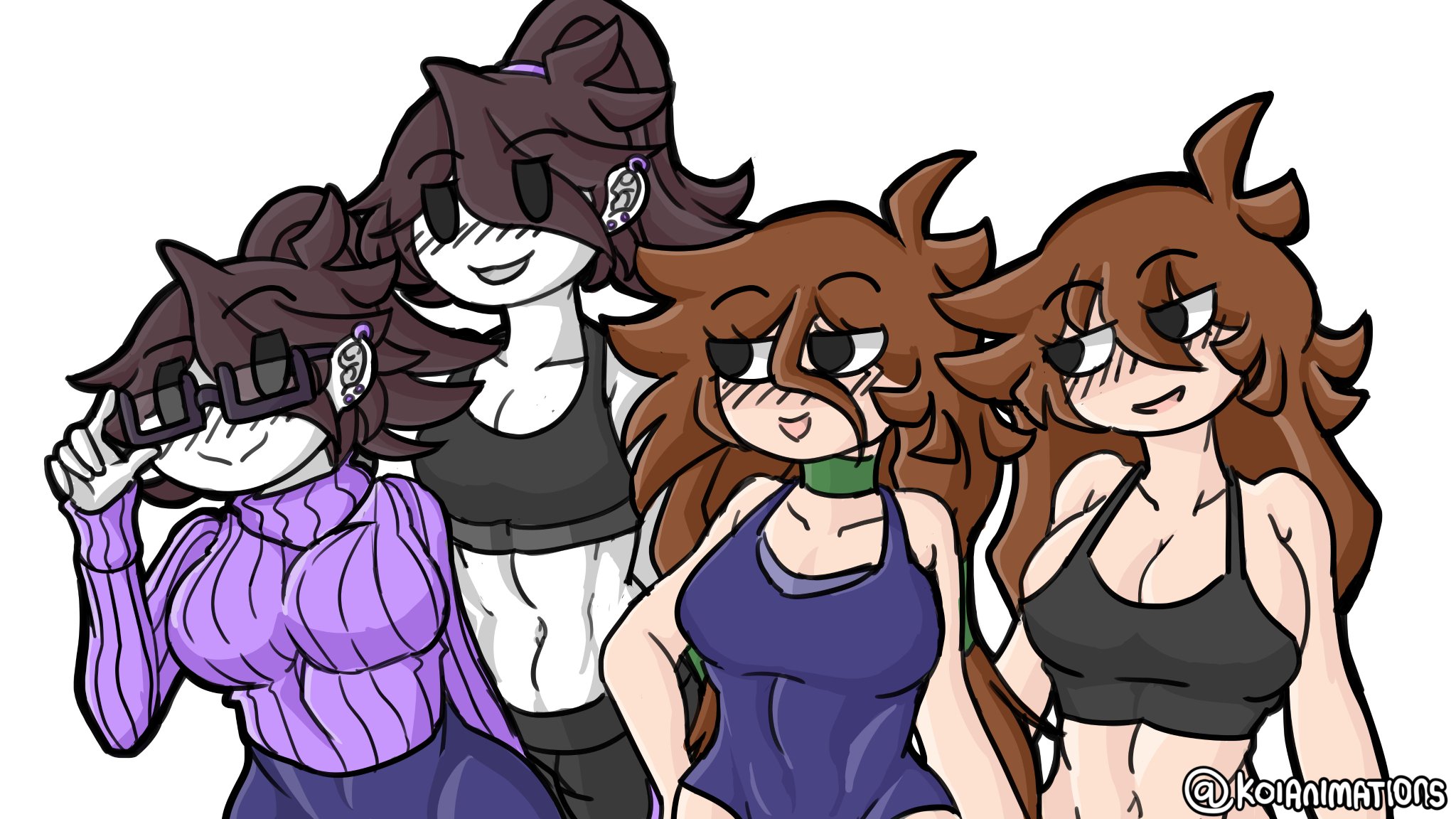2020, 4girls, ahoykoi, anor3xia, bike shorts, blush, blushing, booty shorts, brown hair, cleavage, collar, crossover, dark brown hair, dark eyes, ear piercing, eyebrows visible through hair, eyes visible through hair, female, female only, glasses, green collar, hairband, height difference, jaiden, jaiden animations, jaiden dittfach, jaidenanimations, koianimations, long hair, looking at each other, mob face, multiple females, multiple girls, one-piece swimsuit, open mouth, ponytail, shannon gurr, shgurr, short hair, signature, skin tight, slobbyslapper, sports bra, sssir, sssir8, sweater, tank top, watermark, white background, white skin, youtube, youtuber