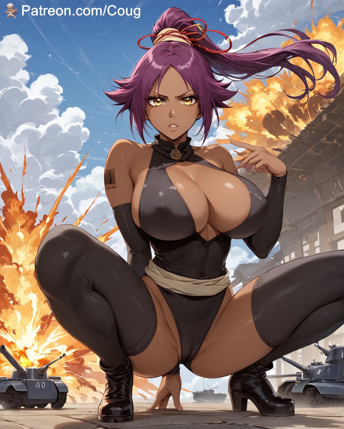 1girls ai_generated barcode big_breasts bleach bleach:_the_thousand-year_blood_war cameltoe cougwe shihouin_yoruichi squatting stable_diffusion