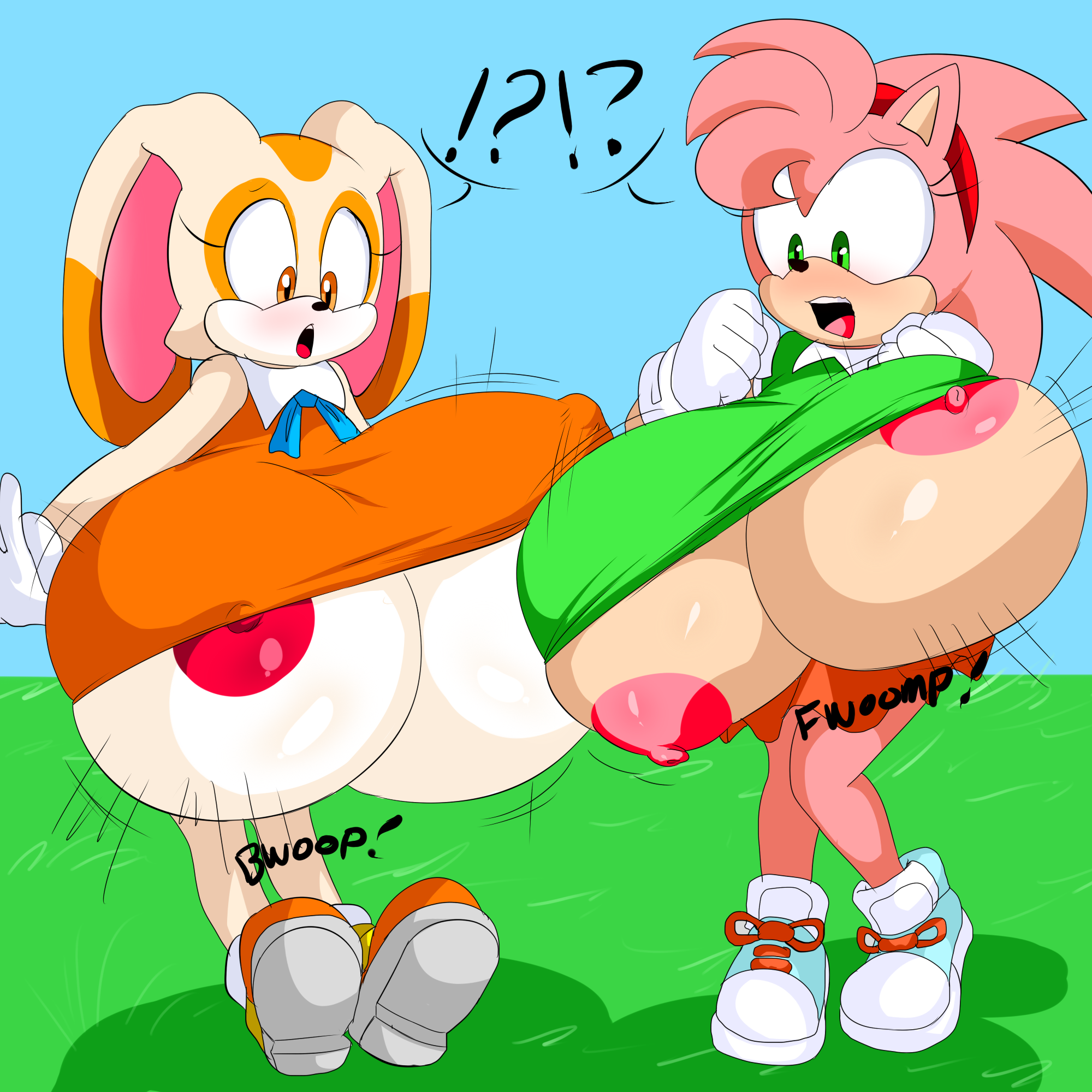 !?, 2girls, amy rose, anthro, anthro only, areola, areolae, big areola, big nipples, blush, blushing, bouncing breasts, breast expansion, breast growth, breast growth (enlargement), breasts, breasts out, busty, classic amy rose, cleavage, clenched fist, couple, cream the rabbit, denizen1414, duo, expansion, eyelashes, female, female only, footwear, gigantic breasts, gloves, green eyes, hairband, hedgehog, huge breasts, hyper breasts, lagomorph, large ears, looking down, motion lines, nipple slip, nipples, onomatopoeia, orange eyes, pink fur, ribbon, sega, shocked, shoelaces, shoes, skirt, sneakers, sonic (series), sonic cd, sonic the hedgehog (series), spines, surprised, swinging, voluptuous, young