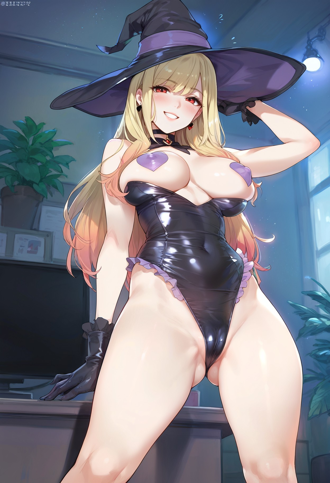 ai generated, ass visible through thighs, bangs, black gloves, black leotard, blonde hair, breasts, female, frills, gloves, grin, hat, highleg leotard, indoors, kitagawa marin, large breasts, leotard, long hair, looking at viewer, pasties, red eyes, smile, solo, sono bisque doll wa koi wo suru, witch hat