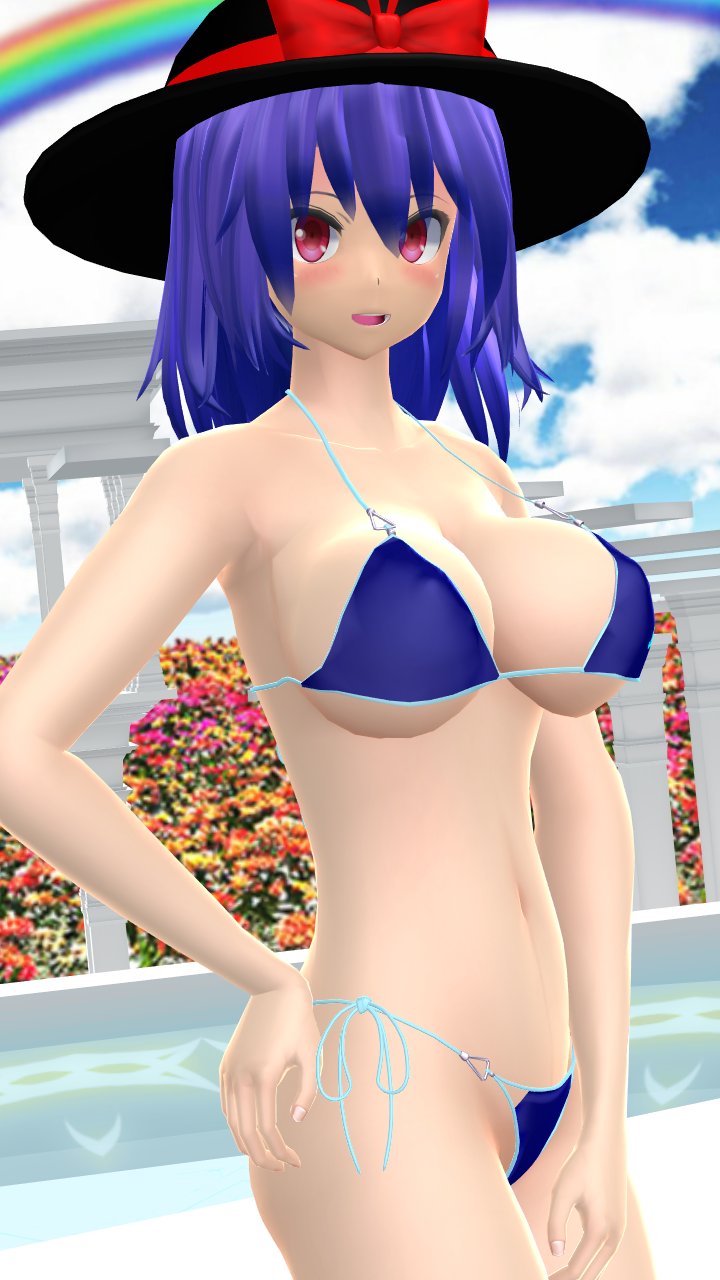 1girls 3d bikini black_hat character_name cleavage clothes_writing hati_yukkuri_mmd iku_nagae large_breasts looking_at_viewer mmd nagae_iku navel outdoors purple_hair red_eyes short_hair solo touhou