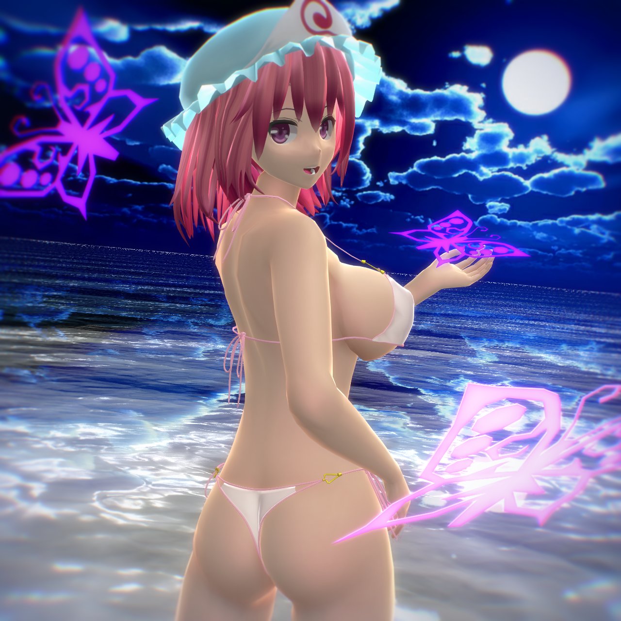 1girls 3d ass blue_aht butterfly character_name cleavage clothes_writing from_side hati_yukkuri_mmd large_breasts looking_at_viewer mmd mob_cap outdoors pink_eyes pink_hair saigyouji_yuyuko short_hair solo touhou triangular_headpiece white_bikini yuyuko_saigyouji