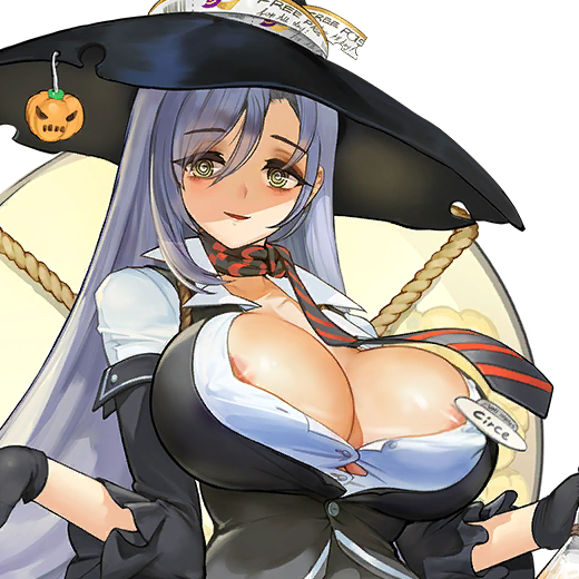 @_@ areola_slip black_gloves character_name circe_(last_origin) cleavage color detached_sleeves eyebrows_visible_through_hair female female_focus female_only game_cg gloves green_eyes grey_hair hair_between_eyes halloween_decoration halloween_pumpkin hat huge_breasts last_origin long_hair looking_at_viewer name_tag necktie nipple_bulge open_mouth overflowing_breasts potion_bottle rorobomb shadow_on_face shirt smile smiling smiling_at_viewer spiral_eyes spiral_pupils tie tight_clothing tight_shirt transparent_background uniform unusual_pupils upper_body witch witch_hat