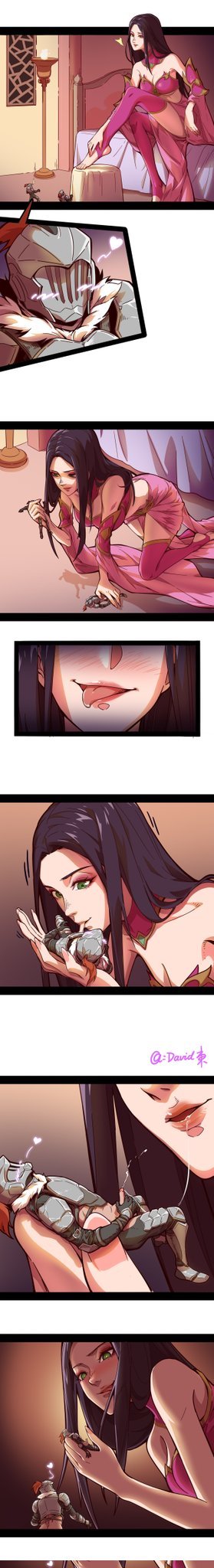 anime style, bed, black hair, blowjob, blush, cleavage, close-up, comic, commission, dark background, dick, eyelashes, giantess, green eyes, helmet, horny, horny female, incomplete, knight, licking, lips, long hair, macrophilia, manga, middle aged, open mouth, orange background, pink dress, pleasure, saliva, saliva trail, sucking, sucking penis, tease, teasing, tongue, tongue out, twitter, vore, warrior, white background