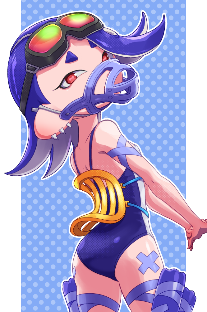 1girls ass ass_focus back_view blue_hair ear_piercing ear_piercings earring earrings female female_focus female_only flat_chest flat_chested goggles goggles_on_head looking_at_viewer looking_back mazesoba_kokoro mollusk mollusk_humanoid mouth_covered mouth_mask muzzle muzzle_(object) muzzled nintendo nintendo_switch octoling octoling_girl octopus pale-skinned_female pale_skin petite petite_body petite_female red_eyes red_sclera reefslider saddle shiver_(splatoon) shiver_hohojiro simple_background slim slim_girl small_breasts solo solo_female solo_focus splatoon splatoon_(series) splatoon_3 standing stretching stretching_arms swimming_goggles swimsuit swimwear tagme tentacle tentacle_hair video_game_character video_games