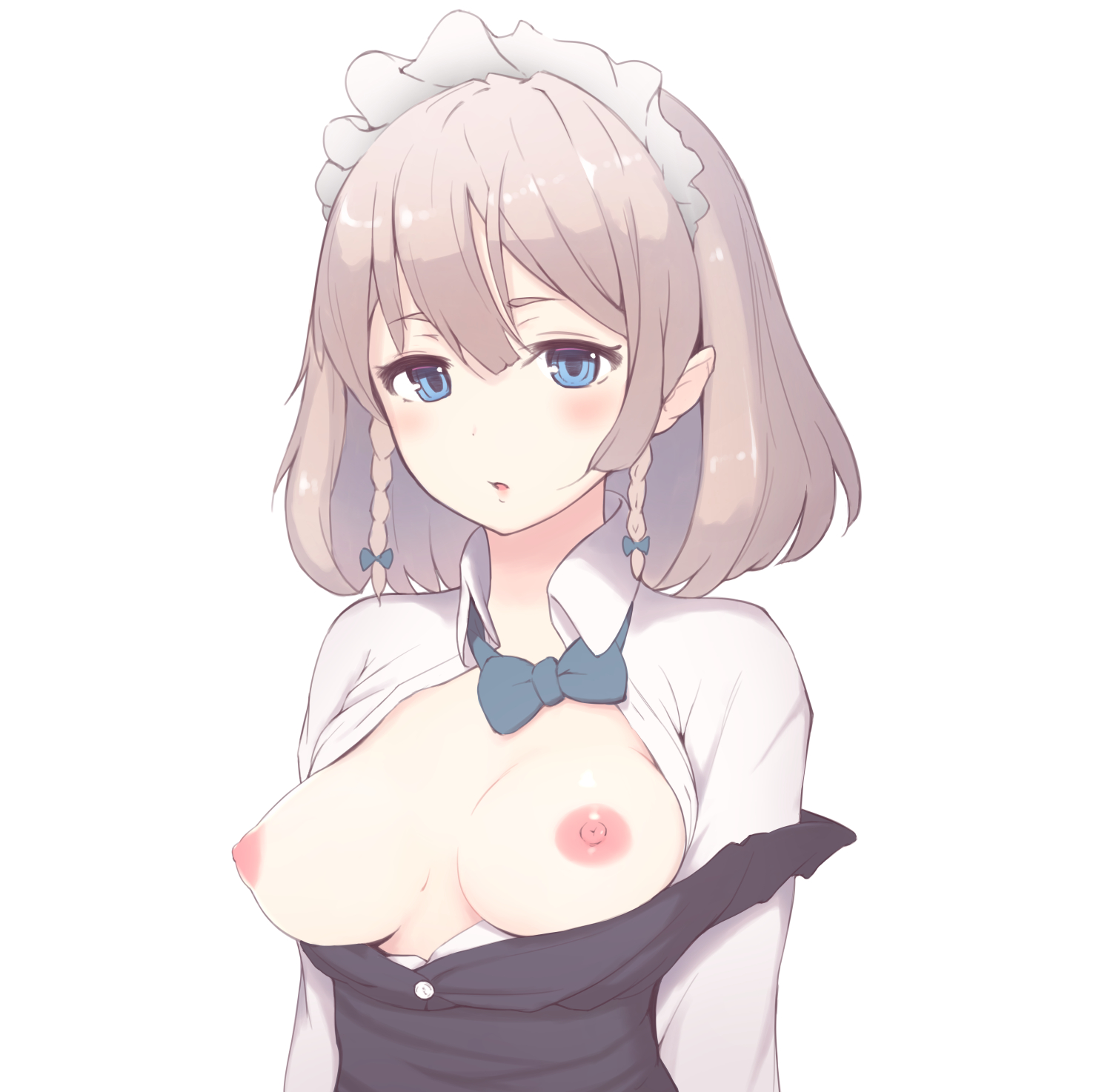 blue bow, blue eyes, bow, braid, breasts, breasts out, dress shirt, female, highres, looking at viewer, maid headdress, nipples, no bra, open clothes, parted lips, sakuya izayoi, shirt, shisha no karada, short hair, silver hair, simple background, solo, touhou, twin braids, unbuttoned, upper body, white background, white shirt