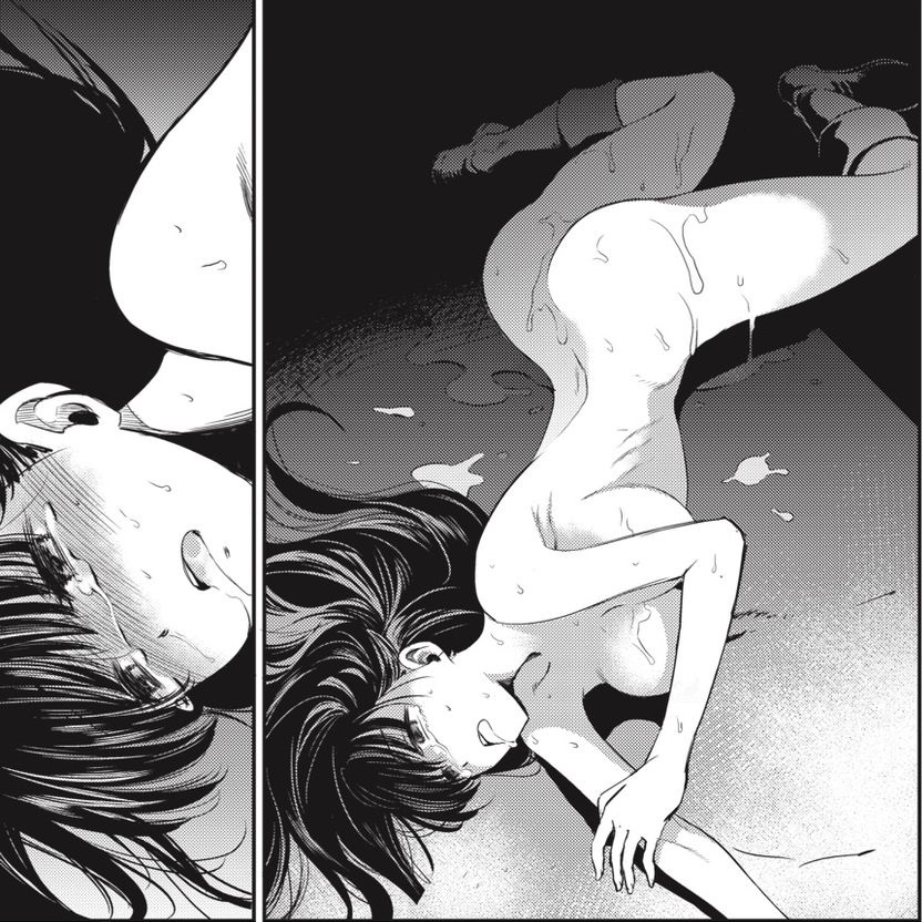 after rape, after sex, broken rape victim, canon, canonical rape, canonical scene, comic, cum, cum in mouth, cum on body, empty eyes, female, fighter (goblin slayer), goblin, goblin slayer, monochrome, open mouth, rape, tears