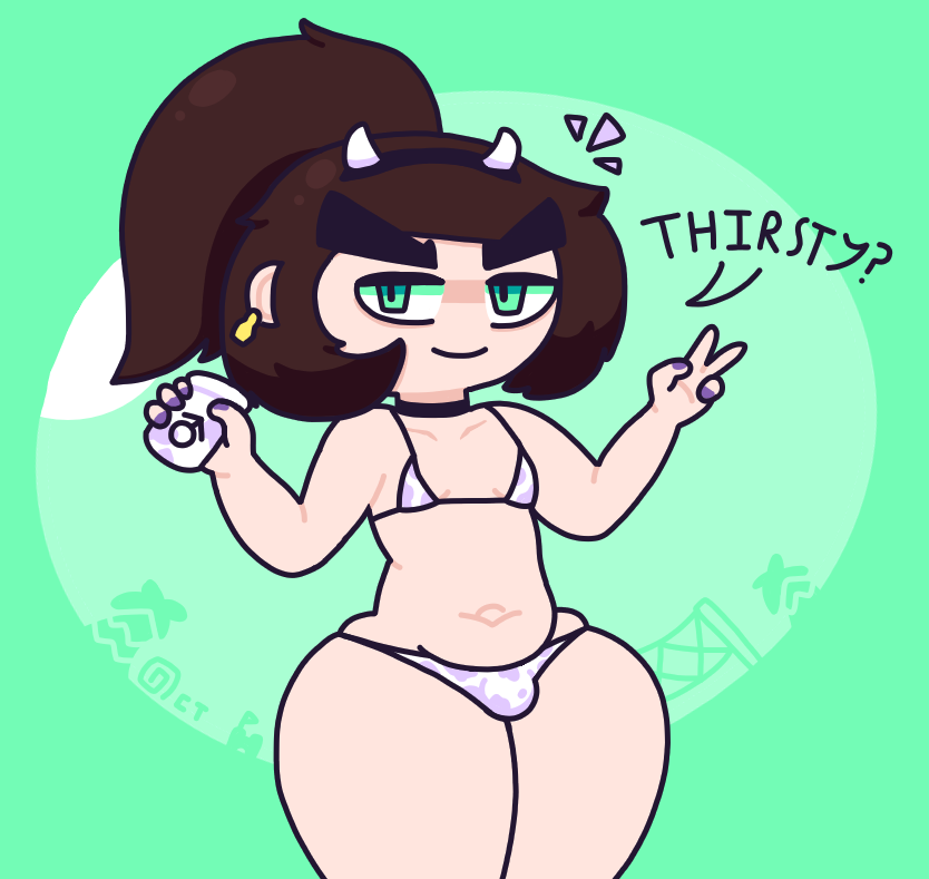 1boy bikini brown_hair bulge cow_horns cow_print cum_in_container femboy flat_chest green_eyes headband male male_only malescrub_(somescrub) navel octotron2000 painted_nails peace_sign plump ponytail short_hair solo solo_male someone_else's_oc text thick_thighs wide_hips