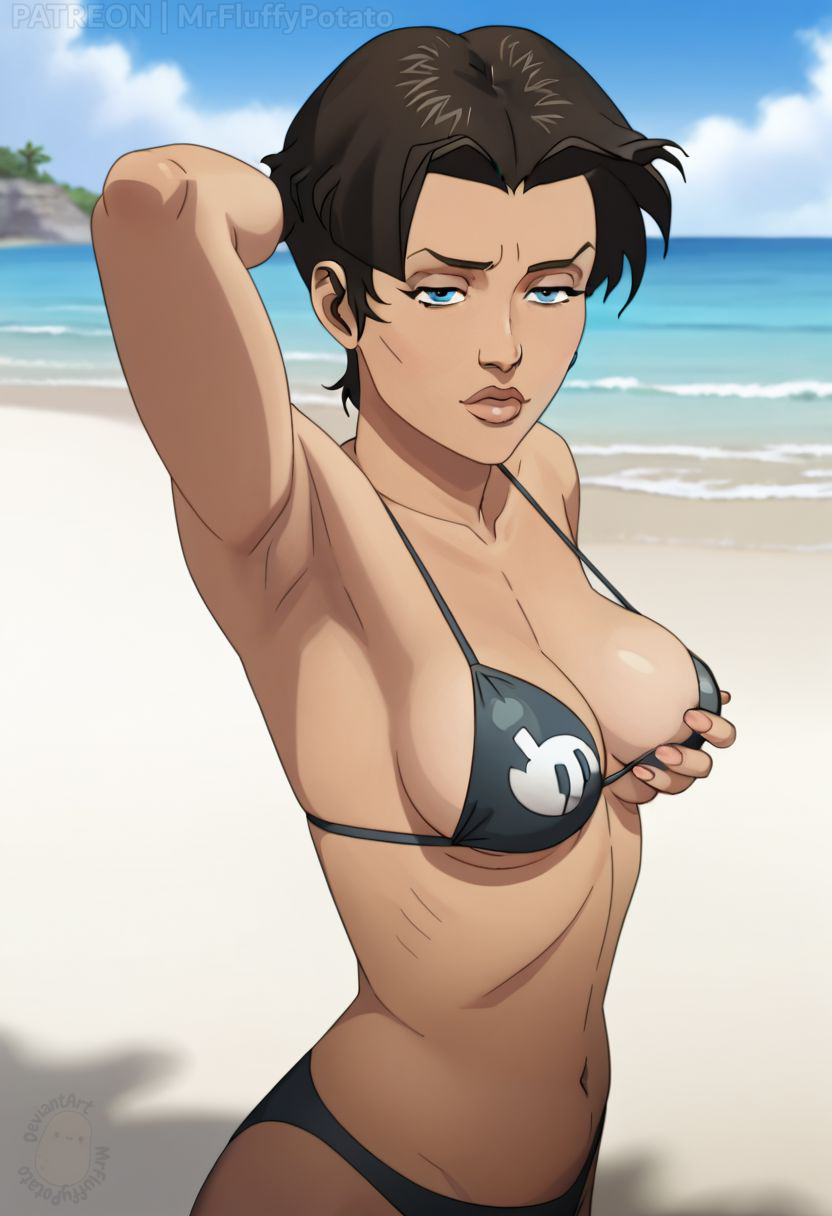 ai_generated anissa armpit armpits beach bikini female holding_own_breast invincible invincible_(comics) invincible_(tv_series) large_breasts posing_for_the_viewer tight_clothing