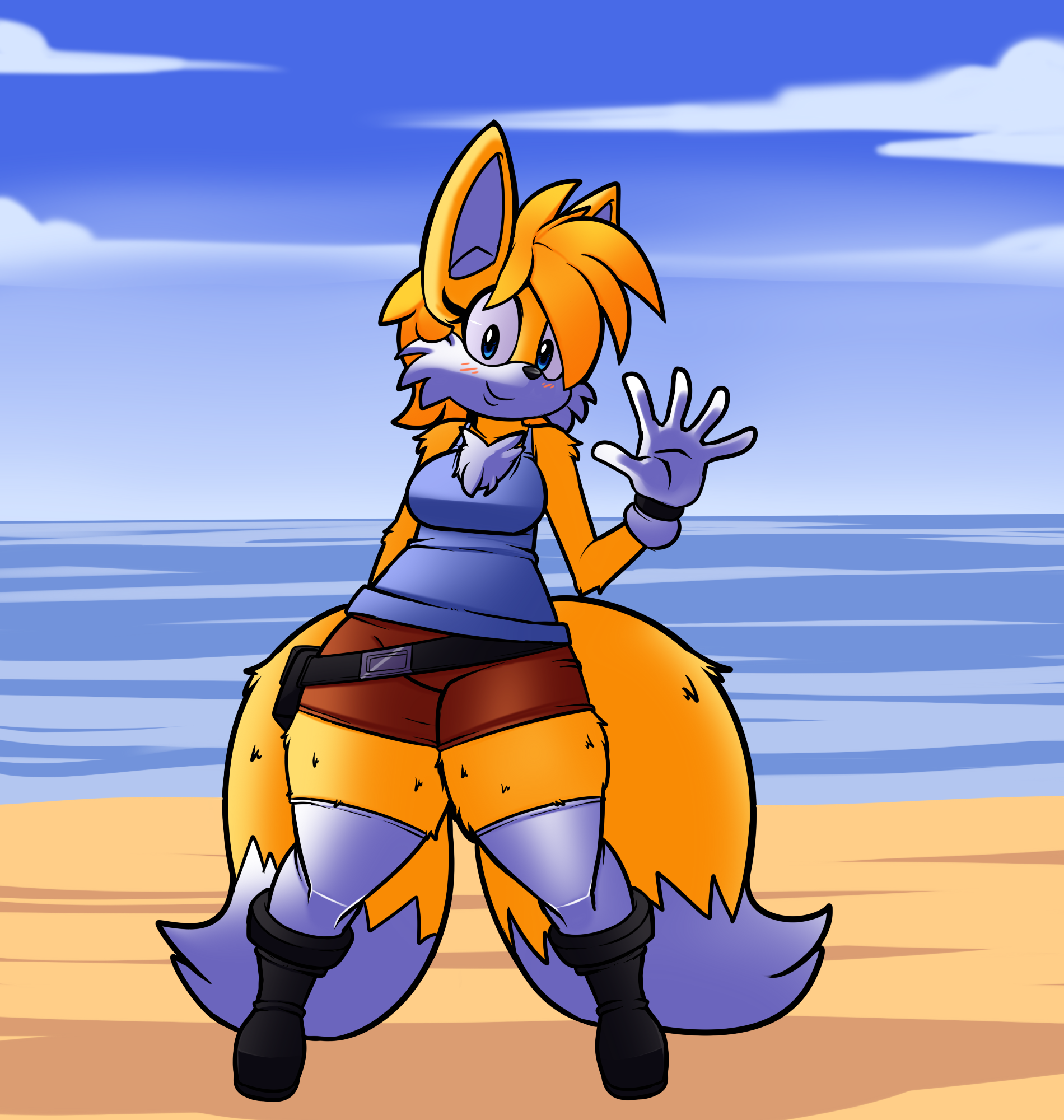5 fingers, anthro, blush, boots, bottom heavy, breasts, canine, clothed, clothing, cloud, cute, denizen1414, dipstick tail, eyelashes, female, fingers, footwear, fox, fur, gloves, hi res, huge thighs, legwear, mammal, miles prower, multicolored tail, outside, rule 63, sega, shorts, smile, solo, sonic (series), sonic the hedgehog (series), superbunnygt, tail, tails, tails the fox, tailsko, thick thighs, thigh highs, video games, water, waving, white fur, wide hips, yellow fur