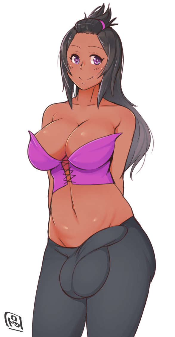 1futa, balls, big breasts, breasts, bulge, cameltail, cleavage, dark skin, dark-skinned futa, erection, erection under clothes, futa only, futanari, gaikiken, huge breasts, intersex, large breasts, looking at viewer, penis, penis under clothes, purple eyes, solo, solo futa, testicles