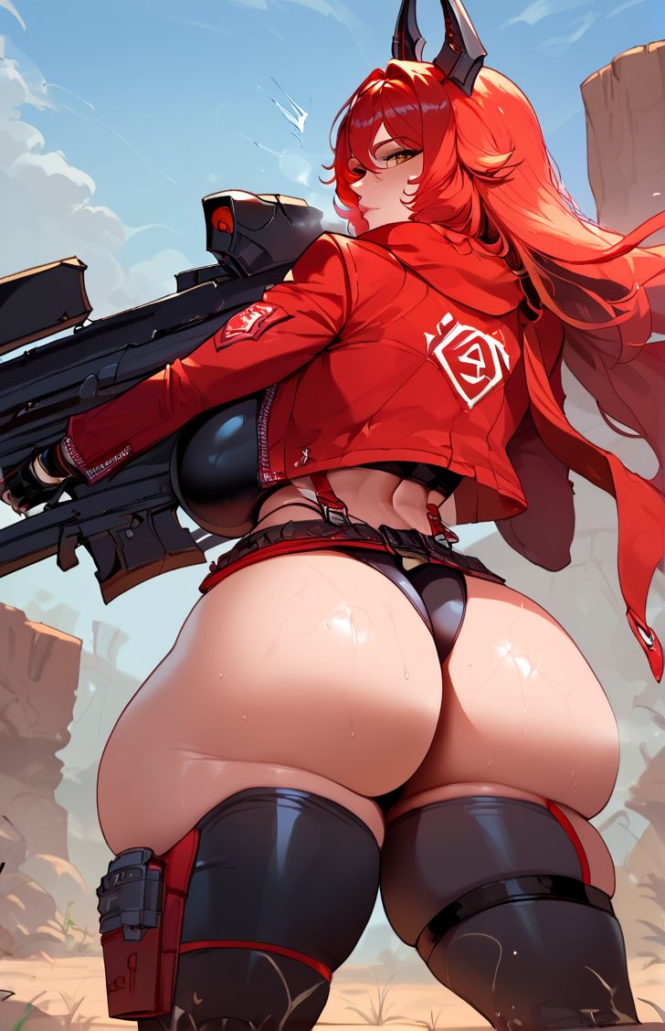 1girls ai_generated ass big_breasts curvy_figure goddess_of_victory:_nikke gun headgear holding_weapon huge_ass looking_back_at_viewer nihilous red_hair red_hood_(nikke) red_jacket red_scarf sniper_rifle thick_thighs thighhighs yellow_eyes