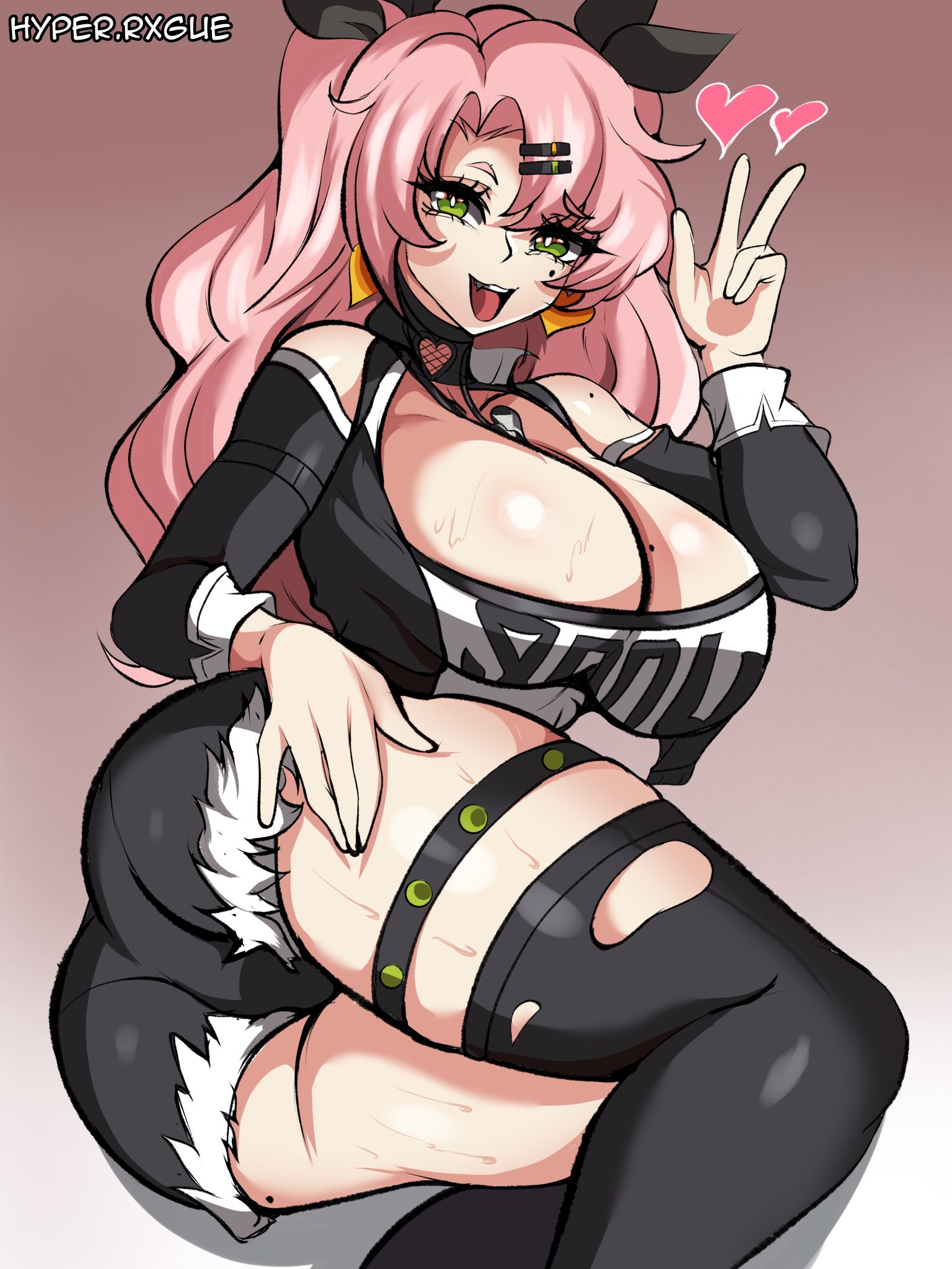 1girls, ass, beauty mark, beauty mark on breasts, big ass, big breasts, breasts, busty, cleavage, clothing, crop top, female, female only, green eyes, huge breasts, hyperrxgue, large breasts, looking at viewer, nicole demara, pink hair, ripped stockings, shorts, solo, stockings, sweat, sweaty body, thick thighs, wide hips, zenless zone zero