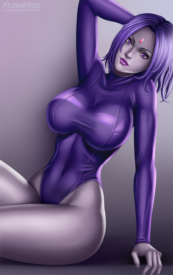big breasts, bodysuit, breasts, cleavage, dc, dc comics, female, female only, flowerxl, huge breasts, large breasts, looking at viewer, purple hair, rachel roth, raven (dc), smooth skin, solo, teen titans