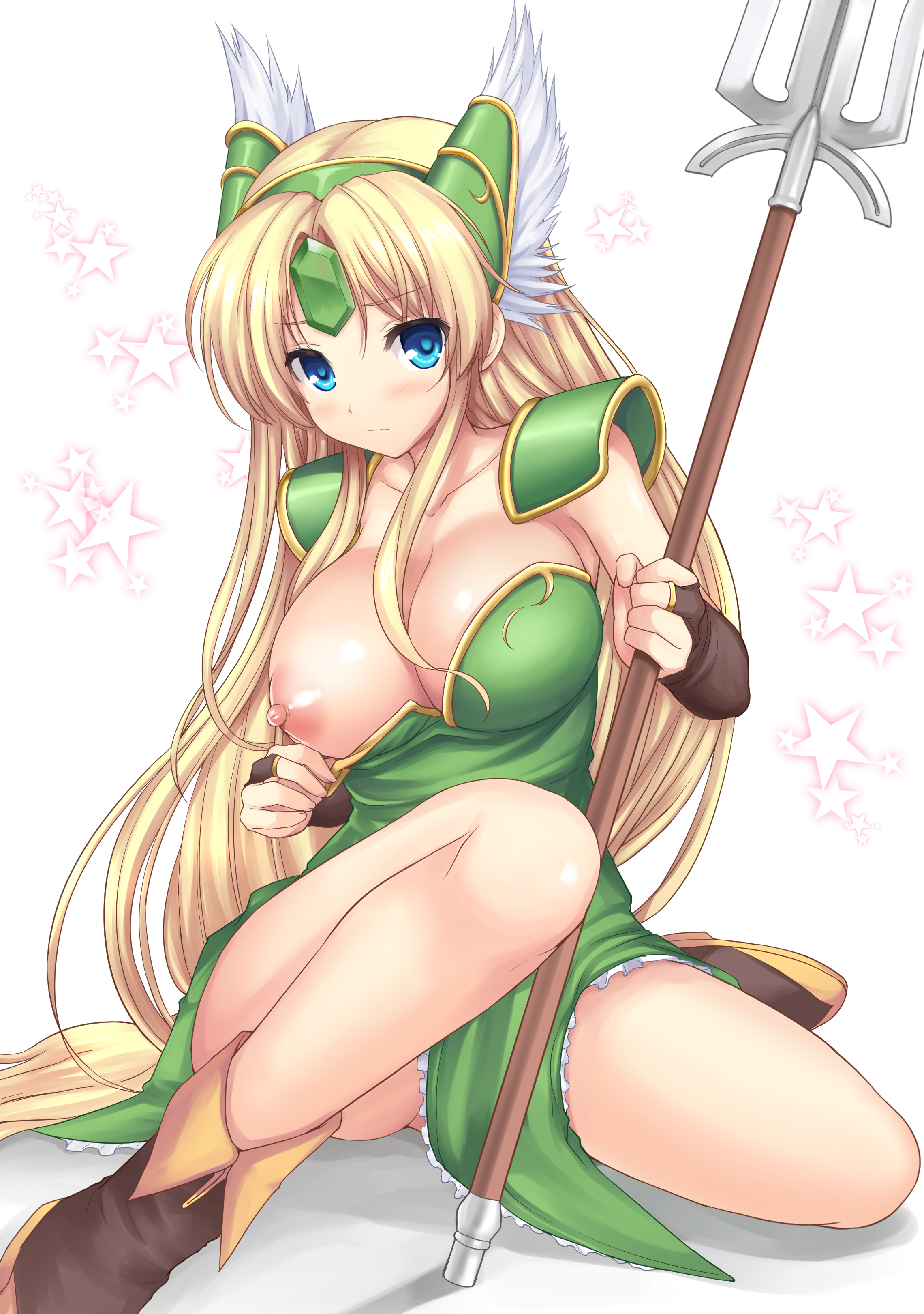 absurdres, akino hamo, bare chest, blonde hair, blue eyes, blush, breasts, cleavage, female, gloves, helmet, highres, large breasts, long hair, low-tied long hair, nipples, polearm, riesz, seiken densetsu, seiken densetsu 3, shoulder pads, solo, spear, star, trials of mana, very long hair, weapon, winged helmet