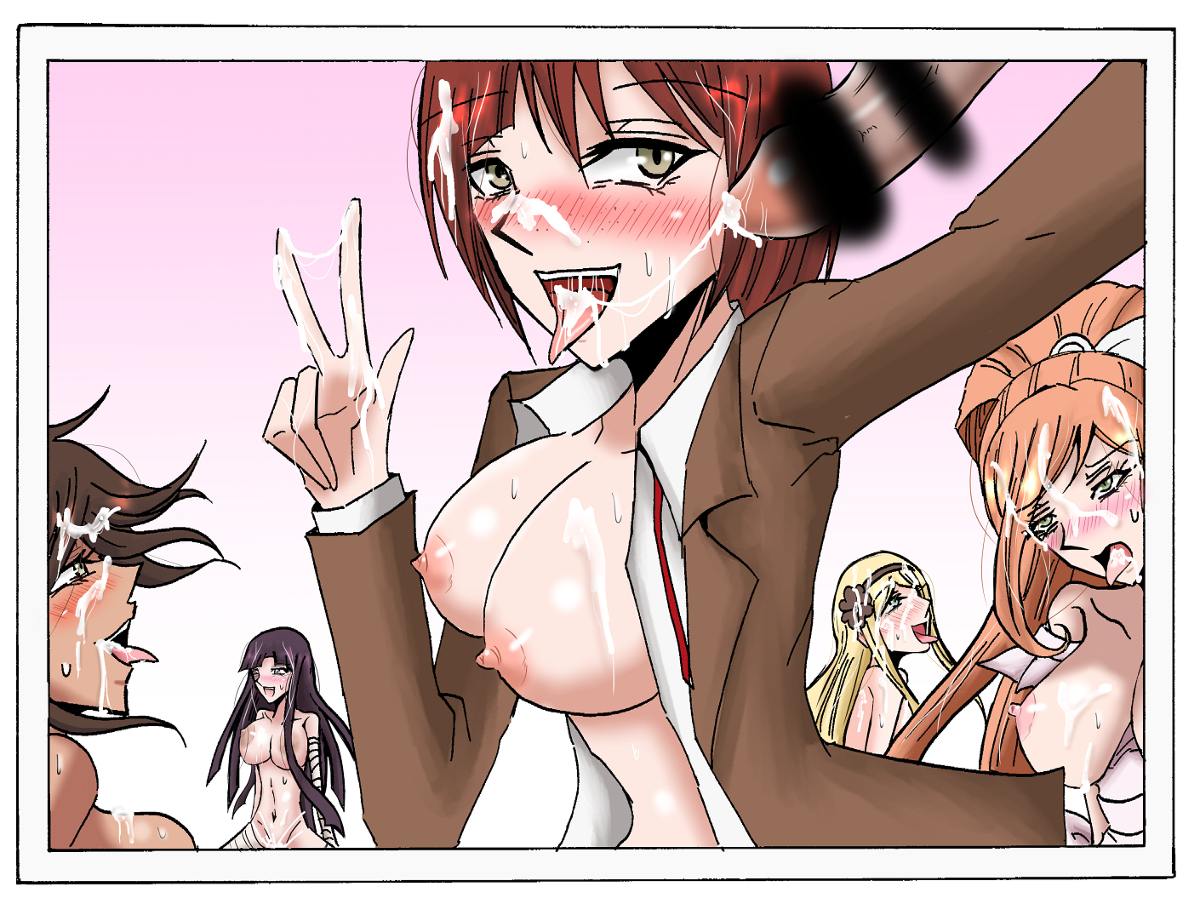 breasts, cum on body, cum on breasts, cum on face, danganronpa, danganronpa 3, female, gesture, koizumi mahiru, orgy, owari akane, sonia nevermind, straight hair, tsumiki mikan, v, yukizome chisa, 矢塚家の長男