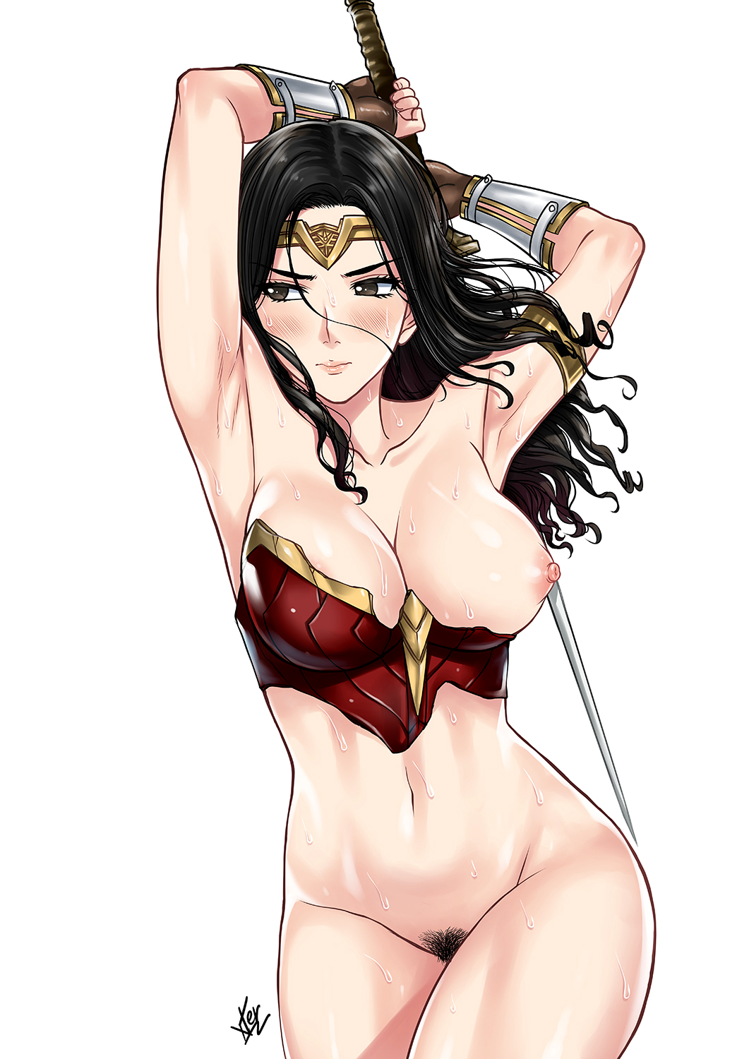 1girls, abs, areola slip, areolae, armor, armpits, arms up, black hair, blush, bottomless, breasts, broken armor, brown eyes, dc, dc comics, diana prince, female, female only, female pubic hair, functionally nude, highres, hip focus, large breasts, lips, long hair, medium breasts, navel, nipples, one breast out, pubic hair, simple background, solo, sweat, thighs, white background, wonder woman, wonder woman (series), xtermination