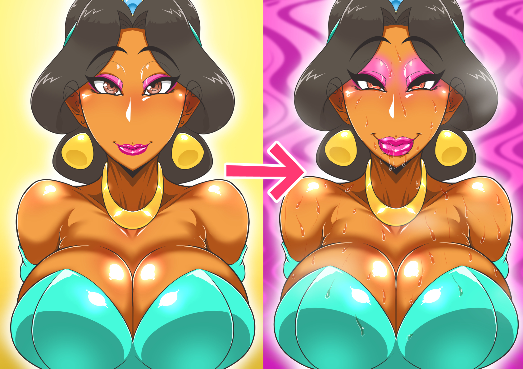 1girls, aladdin, arabian, armpit hair, bare shoulders, before and after, big breasts, bimbo, bimbofication, black hair, breasts, brown eyes, busty, cleavage, clothing, curvy, dark skin, dark-skinned female, detailed background, disney, disney princess, ear piercing, earrings, eyelashes, eyeshadow, female, female only, front view, human, lipstick, looking at viewer, makeup, piercing, pink lipstick, princess jasmine, shiny, shiny skin, short hair, solo, sweat, thick lips, voluptuous, wet, zxcv