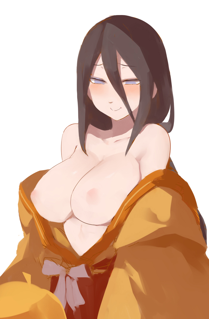 black_hair blush boruto:_naruto_next_generations breasts clavicle cleavage clothing female hair_between_eyes hyuuga_hanabi large_breasts lavender_eyes long_hair looking_at_viewer naruto nipples no_bra obi open_clothes simple_background smile white_background yostxxx