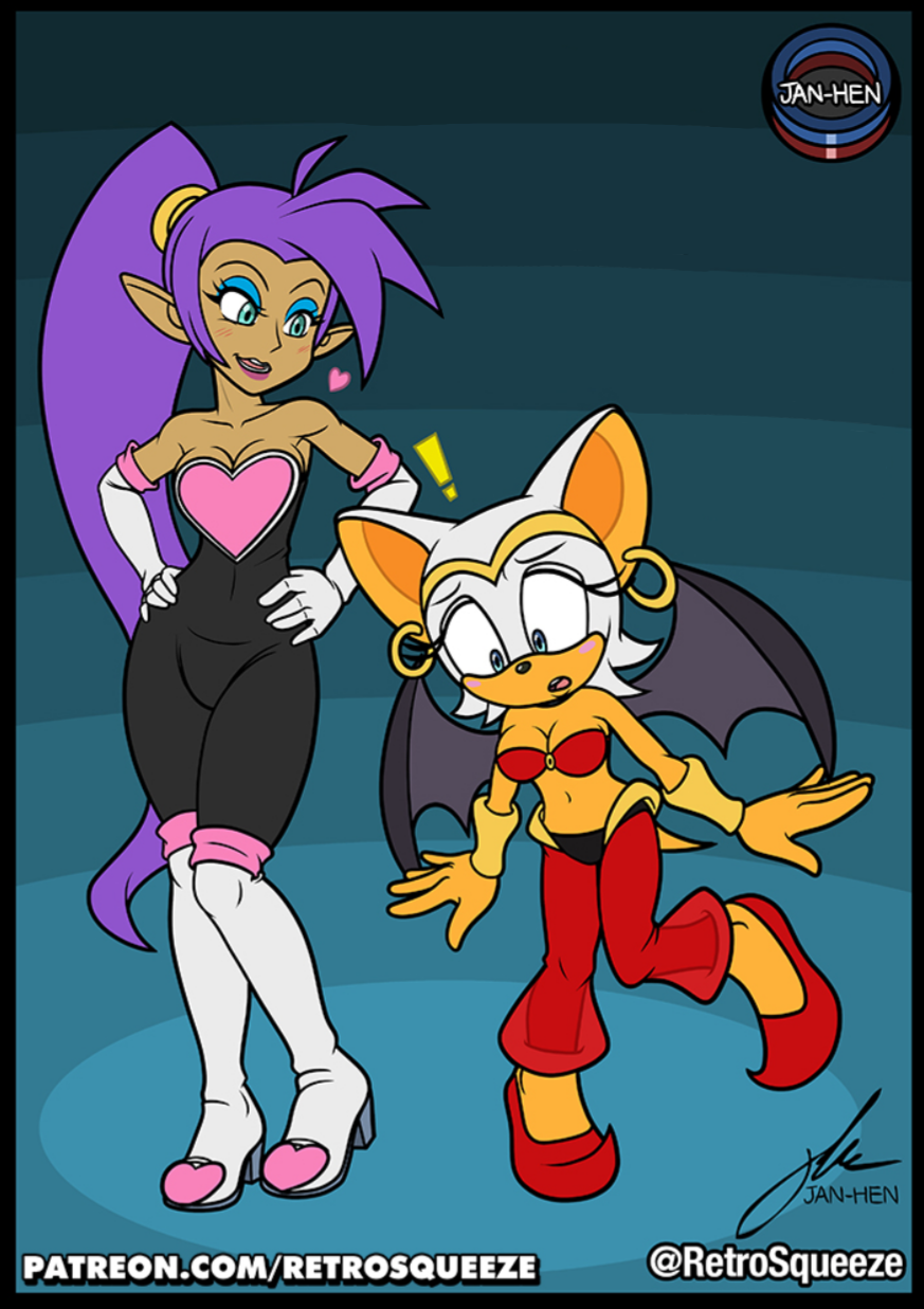 ! 2girls artist_logo bat_wings clothes_changed crossover crossover_cosplay earrings edit edited facebook fur hands_on_hips jan-hen patreon purple_hair retrosqueeze rouge_the_bat rouge_the_bat_(cosplay) sega shantae shantae_(character) shantae_(cosplay) sonic_(series) sonic_the_hedgehog_(series) tail wayforward