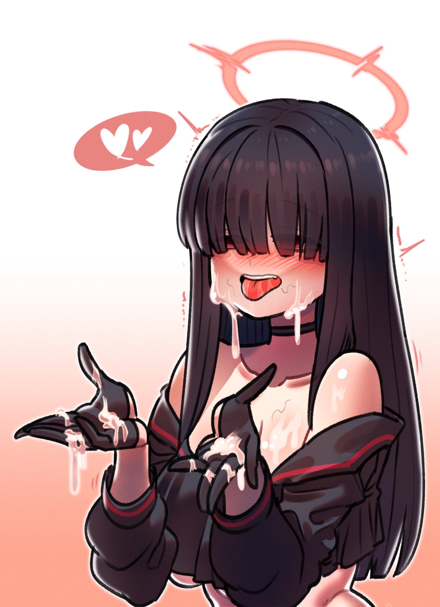 blue archive, covered in cum, cum, female, female only, hair over eyes, halo, js4935, justice task force member (blue archive), red eyes