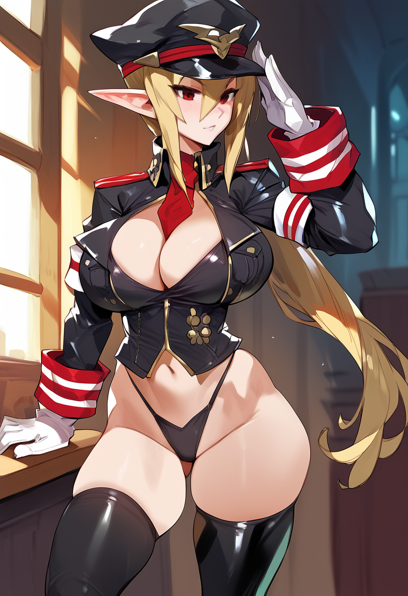 2d ai_generated armband big_breasts blonde_hair cap disgaea disgaea_3 female female_focus female_only gloves hat panties peaked_cap salvatore solo solo_female solo_focus tagme thighhighs uniform