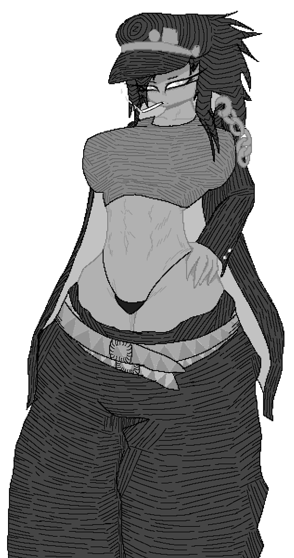 artist_logo athletic_female belly black_cap black_hair breasts clothed coat crop_top female jojo's_bizarre_adventure jotaro_kujo long_hair loose_pants monochrome pantie rule_63 self_upload smoking tagme two_belts wide_hips