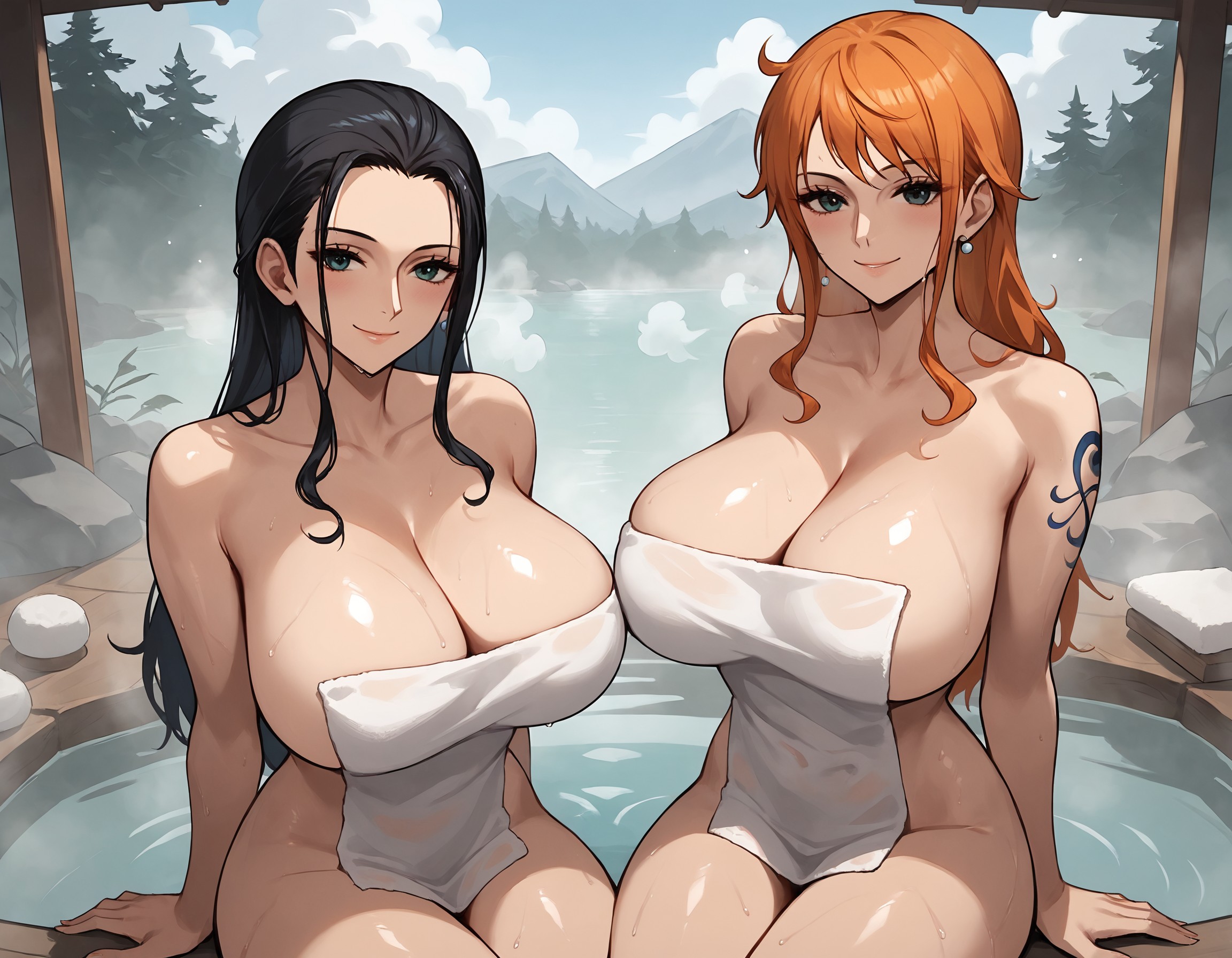 2girls, ai generated, breasts, cleavage, female, female only, flyingpancake, large breasts, long hair, naked towel, nami (one piece), nico robin, one piece, onsen, sitting, tattoo, towel, towel only, water
