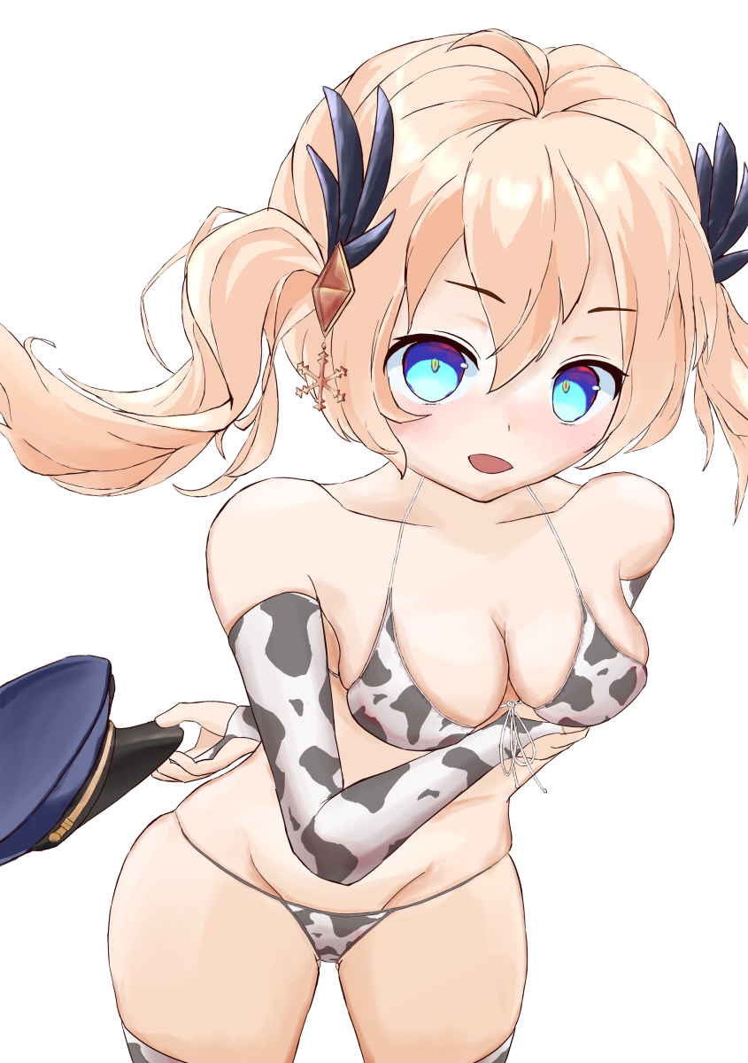 ahoge bikini blue_eyes blue_hat blush chaos_gerda_(gakuen)_(grimms_notes) cow_print cow_print_bikini female grimms_notes hand_on_own_chest kafsa3i long_hair looking_at_viewer open_mouth orange_hair salute simple_background smile white_background