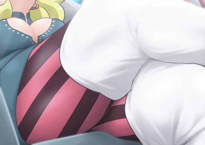 big_breasts blonde_female blonde_hair boots boruto:_naruto_next_generations breasts cleavage close-up crossed_legs delta_(boruto) eeshin_(eishin5584) face_out_of_frame green_dress leggings legs_crossed low-angle_view naruto naruto_(series) sitting sitting_cross_legged sitting_on_chair thick_thighs thighs white_boots